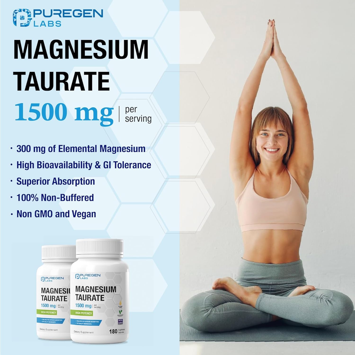 Puregen Labs Magnesium Taurate 1500mg per Serving [High Potency] Total 360 Veggie Caps, Chelated for Superior Absorption, Non-GMO, NO Gluten and Dairy