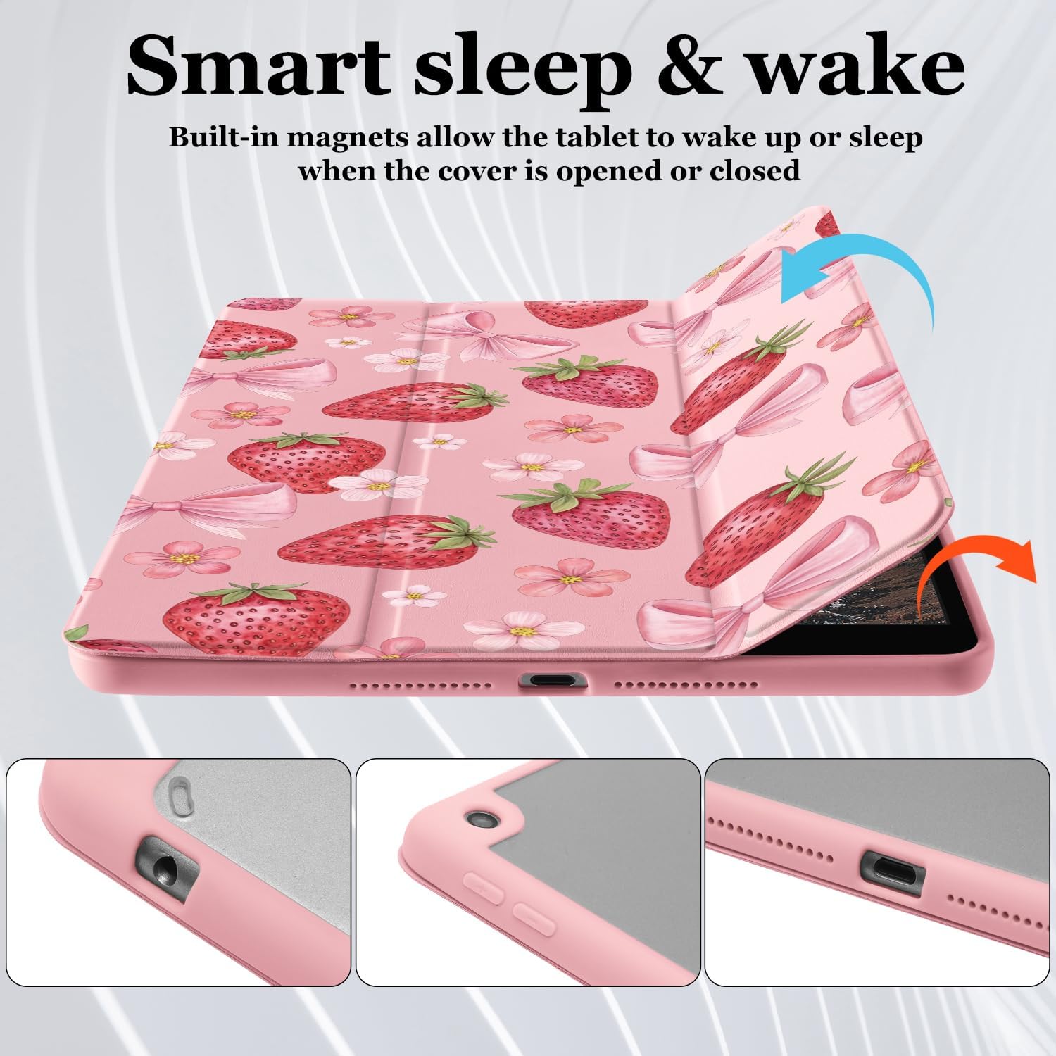 CraftedCY Kawaii Pink Strawberry Case for Ipad 10Th 10.9" Cute Bow Design Cover Foripada16 11" 2025 Auto Sleep/Wake Adjustable &Pencil Holder Aesthetic Pattern Anti-Slip Shockproof Shell Girl