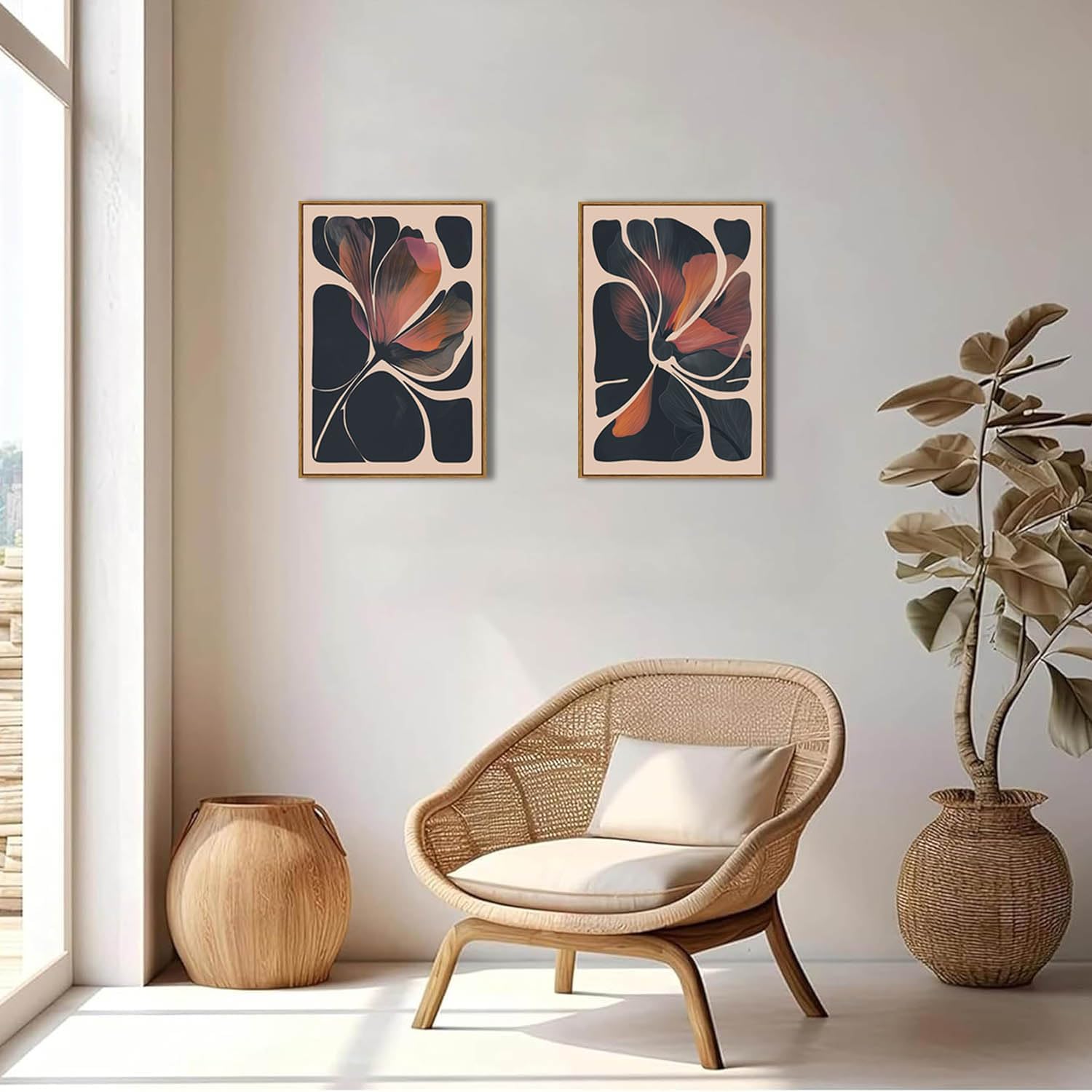 framed 2pcs boho wall art canvas orange and black abstract floral mid century modern wall decor flower botanical prints posters pictures for living room bedroom home decor 24"x16"x2 floral-01 framed 24l" x 16w" x 2