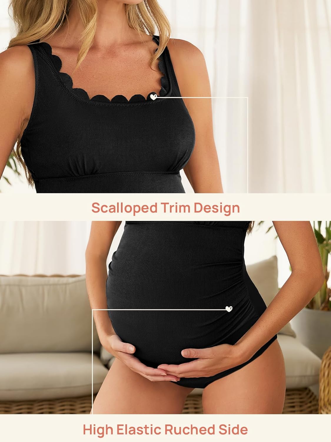 Summer Mae Ribbed Maternity One Piece Swimsuit Scalloped Cut Out Pregnancy Bathing Suit Square Neck