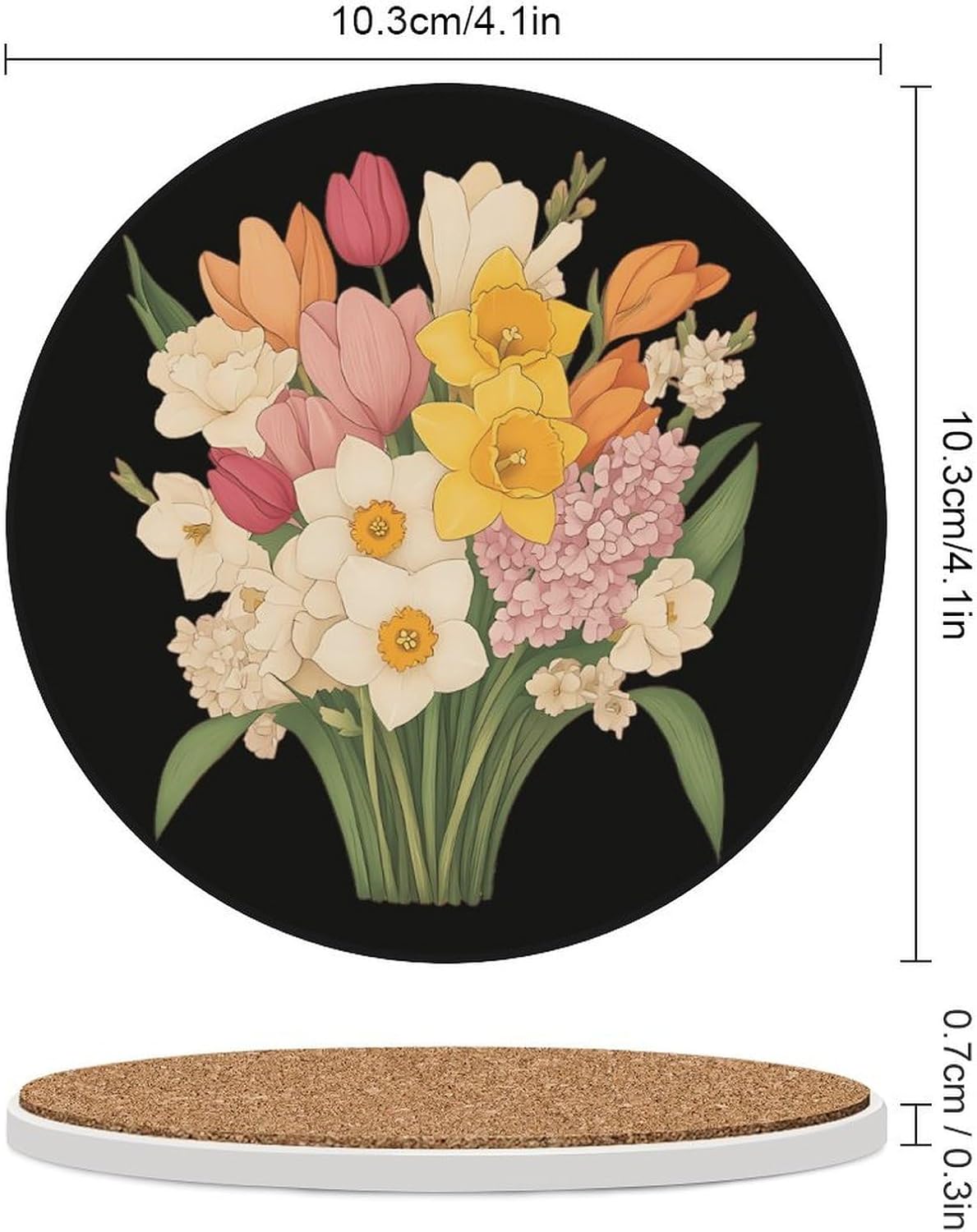 Daffodils Tulips and Hyacinths Flowers Round Ceramic Coasters for Drinks Absorbent Cup Holder Tabletop Protector with Cork Base