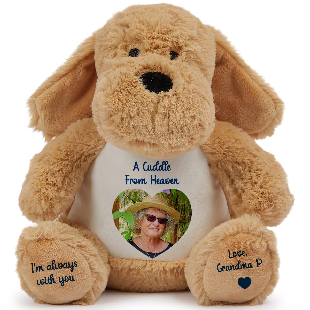 Personalised Memory Teddy Bear with Heart-Shaped Photo – “A Cuddle From Heaven” Keepsake Gift – 28 Bear Styles – Add Your Text & Choose Colour – Custom Memorial Bear (Brown Dog)