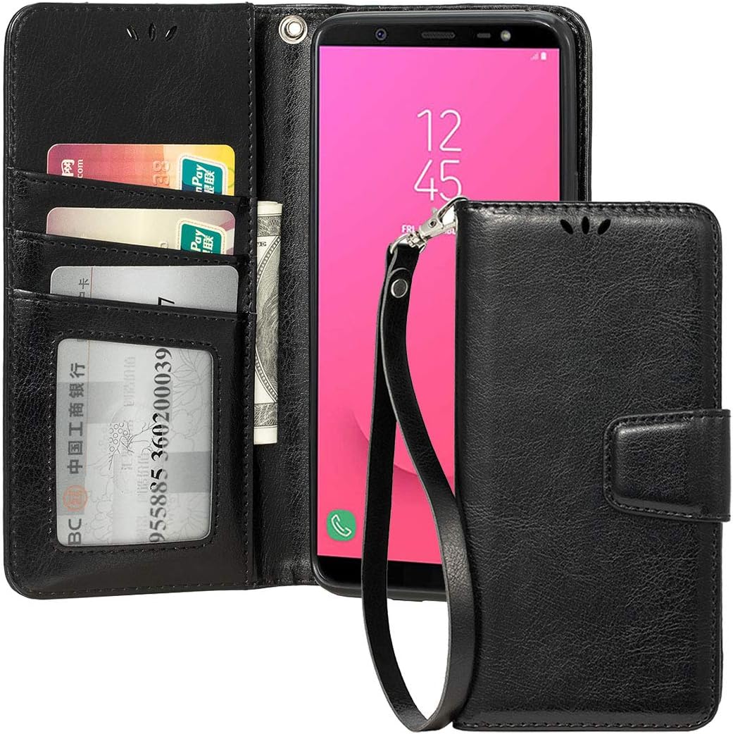 Leather Case for Samsung Galaxy j8, Wallet Case with TPU Grip Bumper Hybrid Phone Cover for Samsung Galaxy j8 /J810F/DS-Black