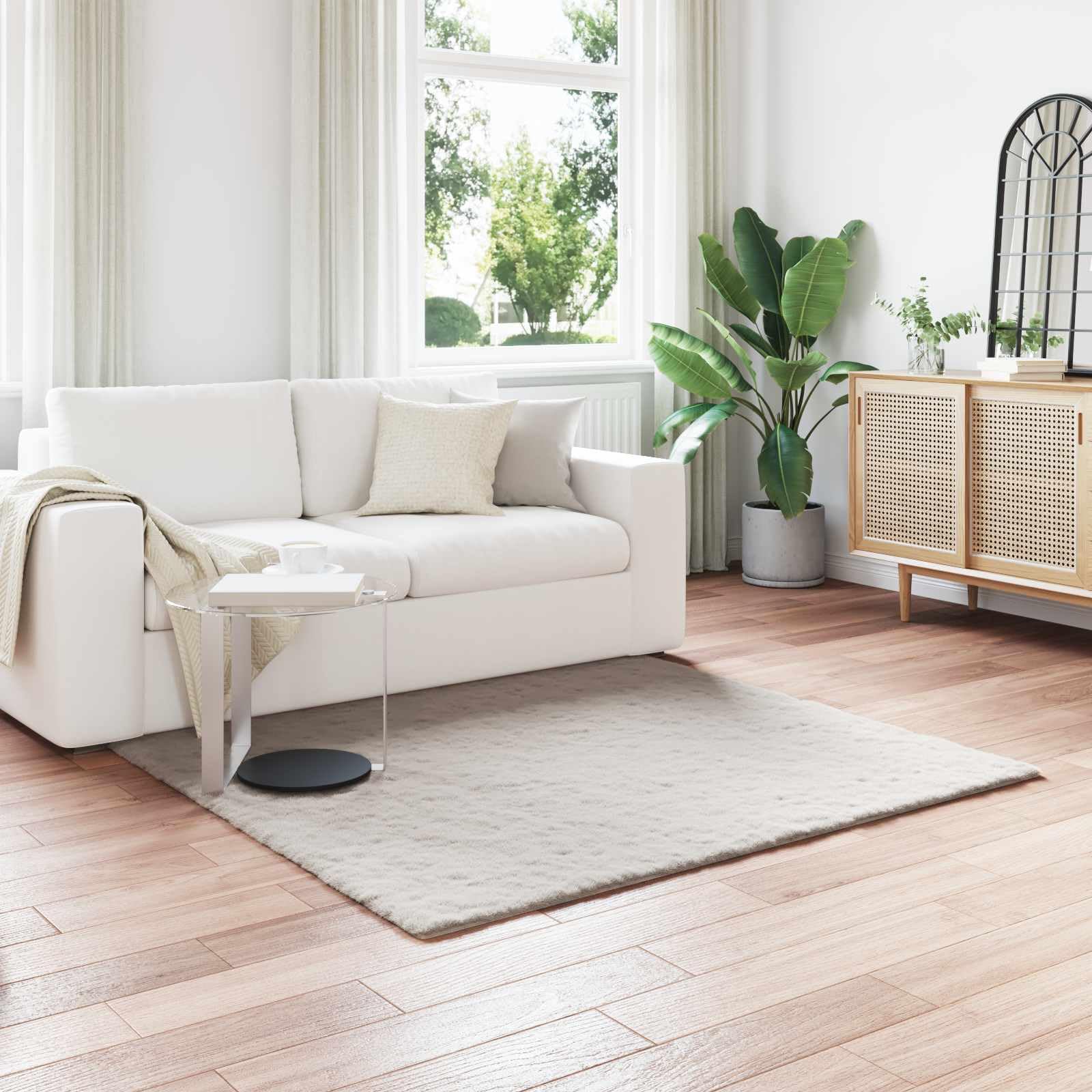 Kunstfell Teppich 120x120 cm Beige - Weicher Wohnzimmerteppich in Kaninchenfell-Optik - Rutschfester Flauschiger Kunstfellteppich für Schlafzimmer und Flur - Modell OLITE