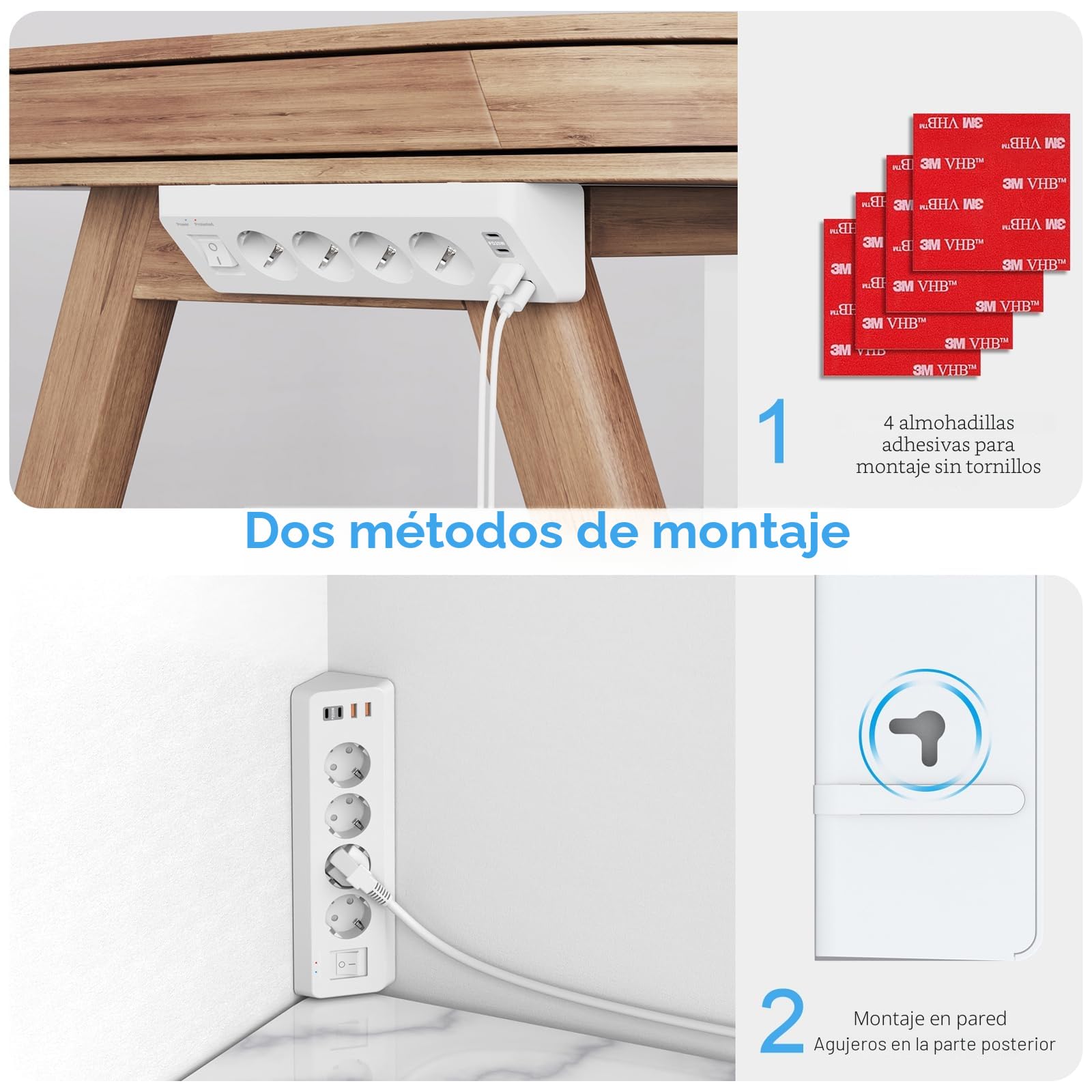Regleta de 4 enchufes con USB C (PD 20W), SUDEERY 8 en 1 regleta de enchufes con 4 USB, regleta de enchufes con protección contra sobretensiones y 2 m de cable para la cocina (Blanco)