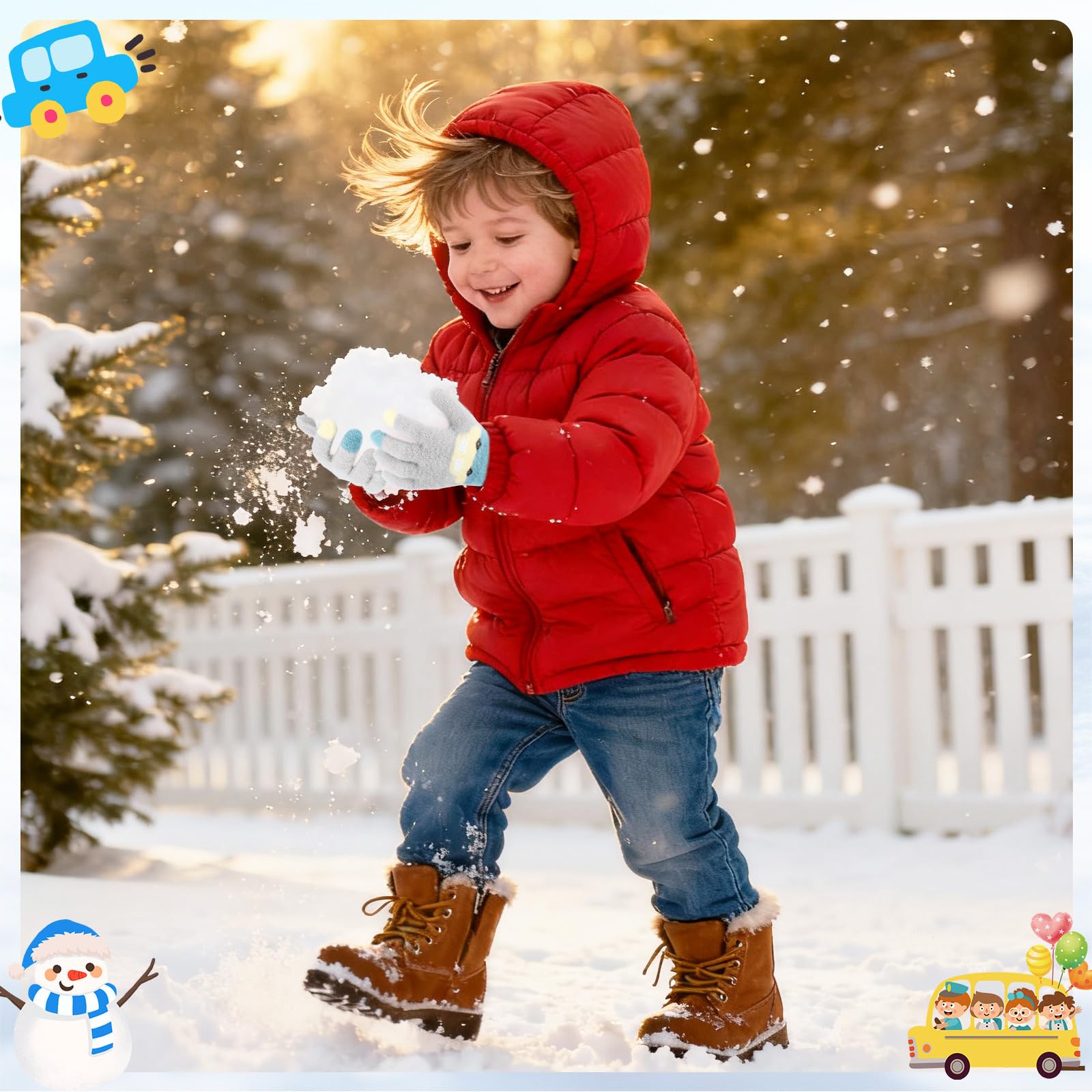 Lot de 3 paires de gants magiques pour enfants motif voiture, gants tricotés chauds et élastiques, mitaines d'hiver, 2-5 ans