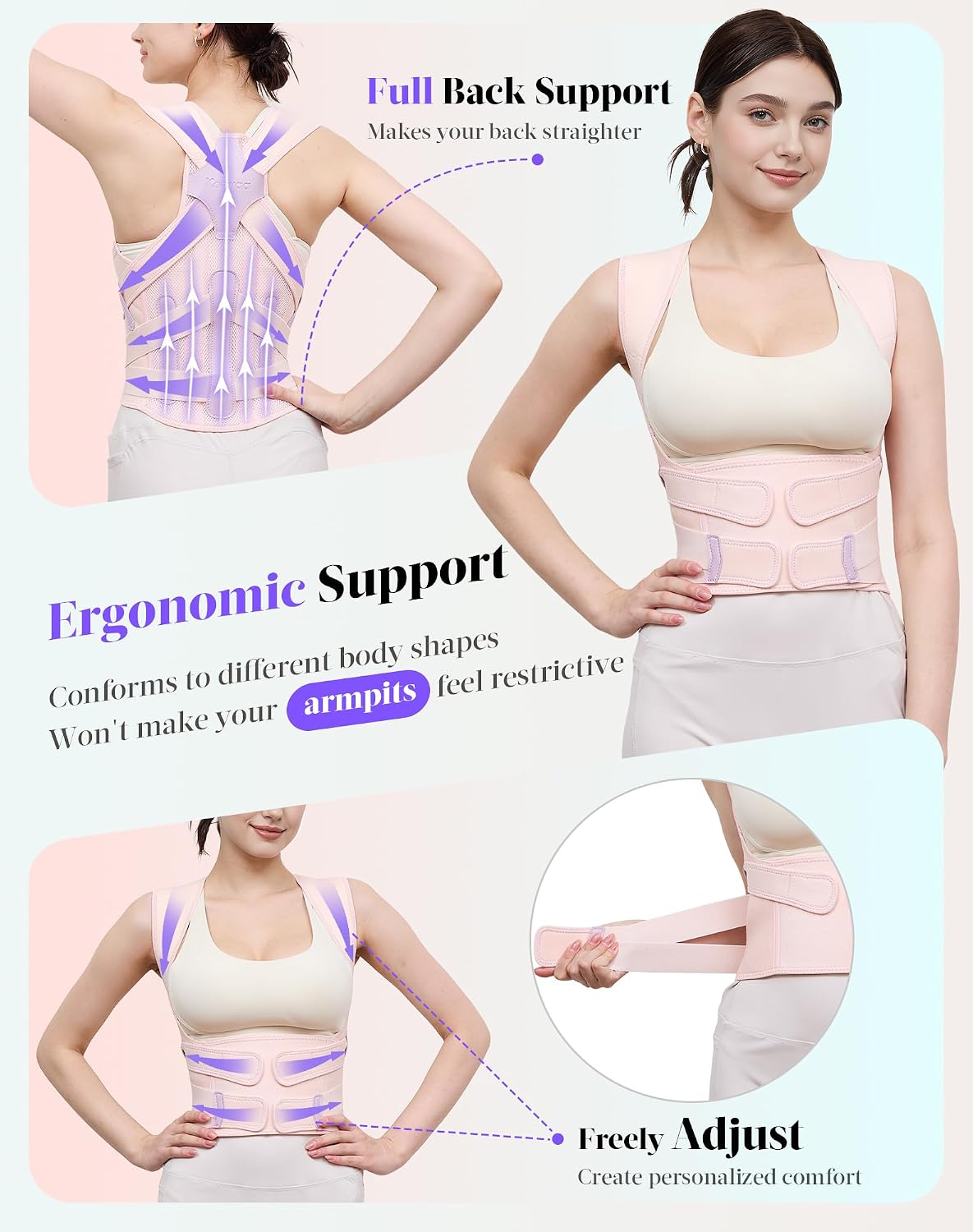 Kepwaa Posture Corrector for Women and Men, 5 Full Back Support Brace Rods, Adjustable Shoulder Straightener, Relief for Upper and Lower Back, Neck, Lumbar, Scoliosis, Hump, Pink, Medium