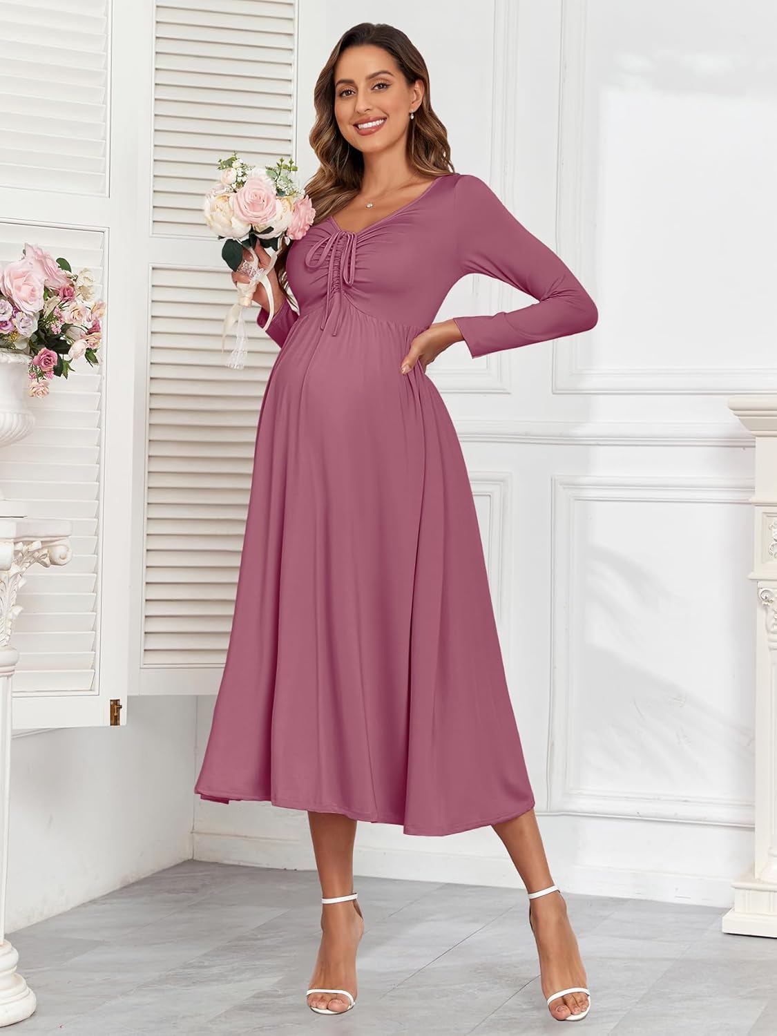 Maternity Tie Front Dress A Line Long Sleeve V Neck Flowy Pregnancy Maxi Dresses for Baby Shower Casual 2025 Fall - Image 2