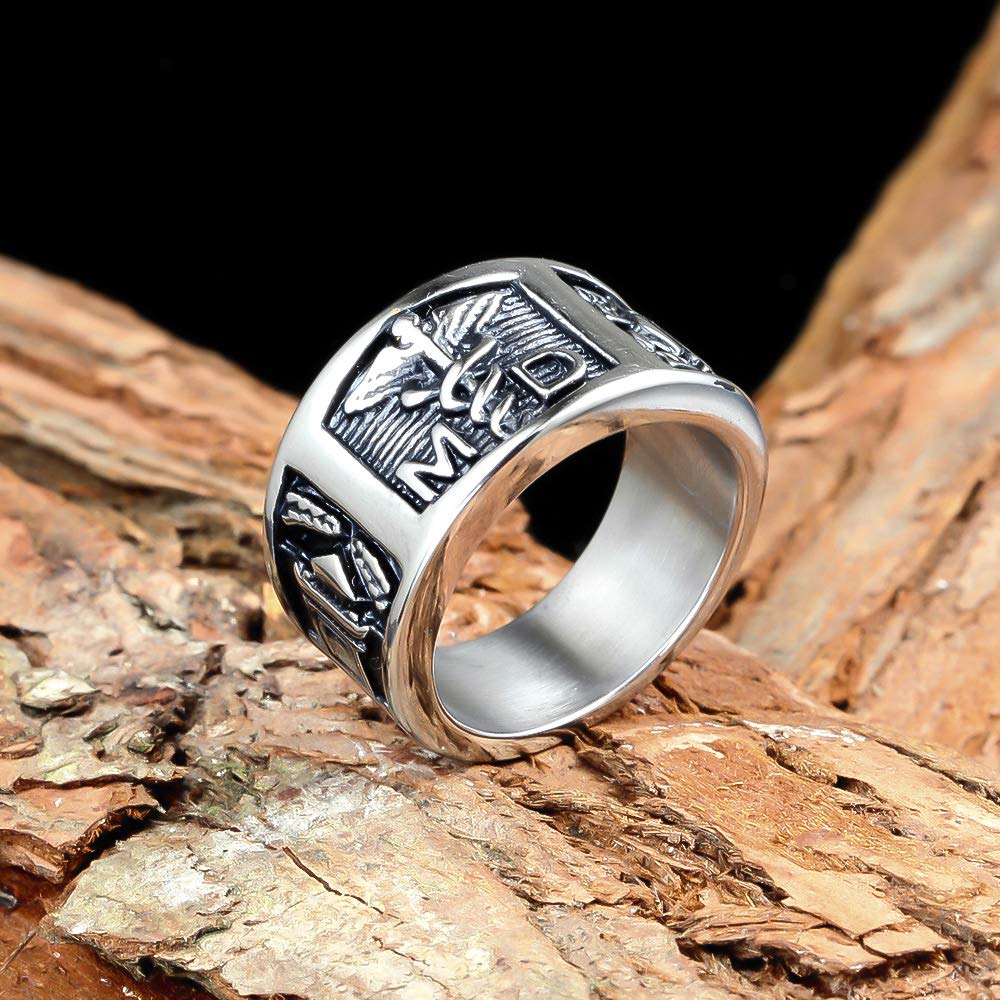 Anello con asta di Asclepio Caduceo simbolo medico MD Staff di Asclepio Caduceo Fascia in acciaio al titanio