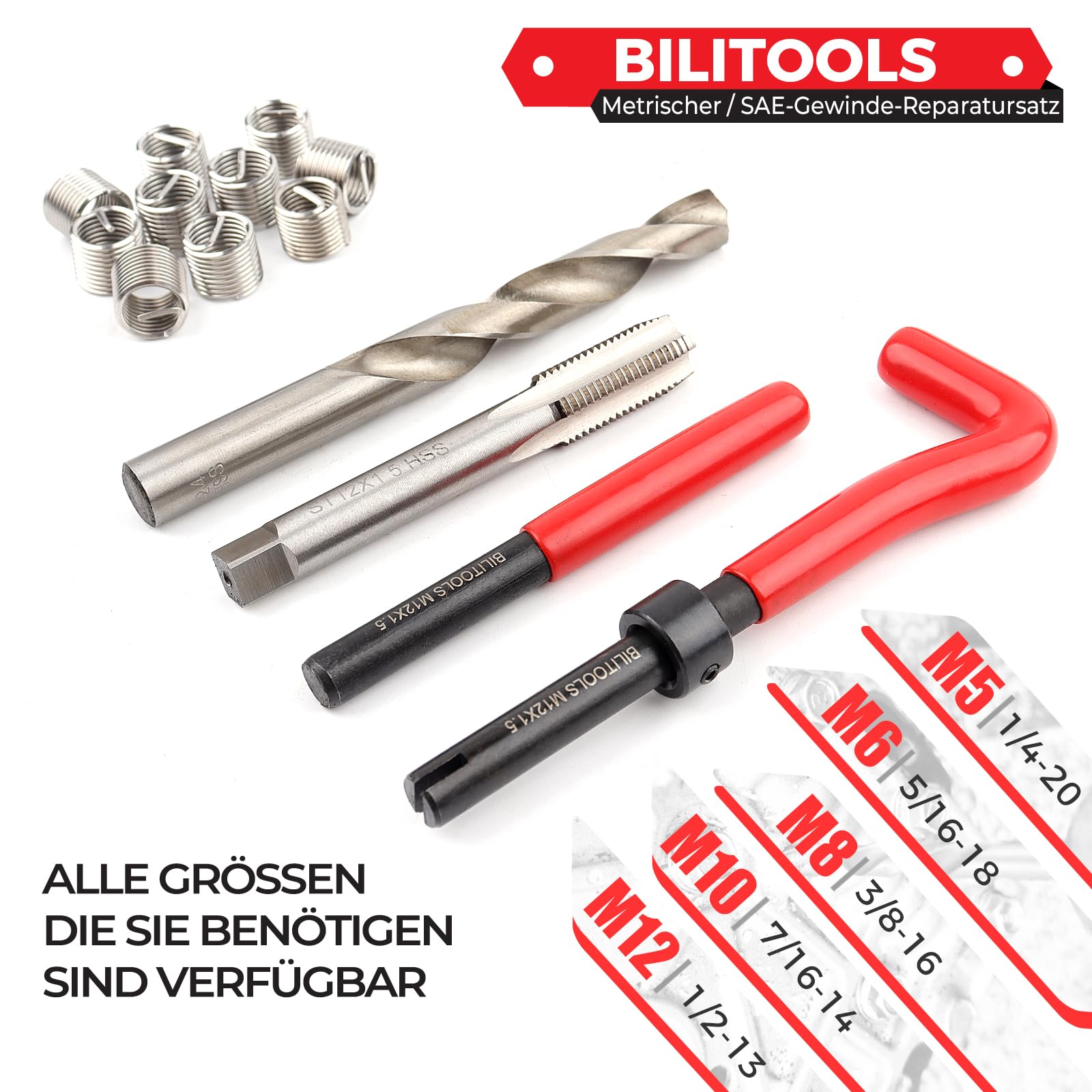 BILITOOLS M8x1,25 Gewindereparatursatz | Helicoil Edelstahl Gewindeeinsätze mit HSS Bohrer & Einbauwerkzeug