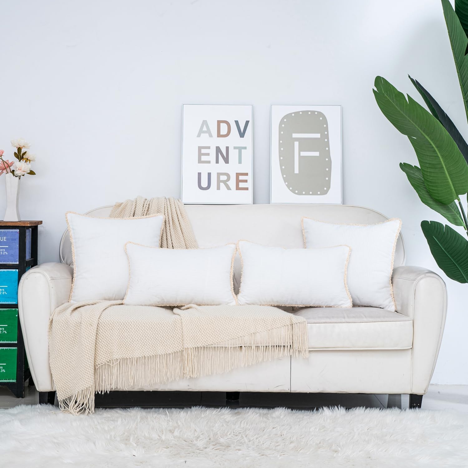HWY 50 White Chenille Throw Pillow Covers 22x22 Inch with Tassels Fringe, Pack of 2, Soft Boho Farmhouse Cushion Cases for Couch Sofa Bed Living Room