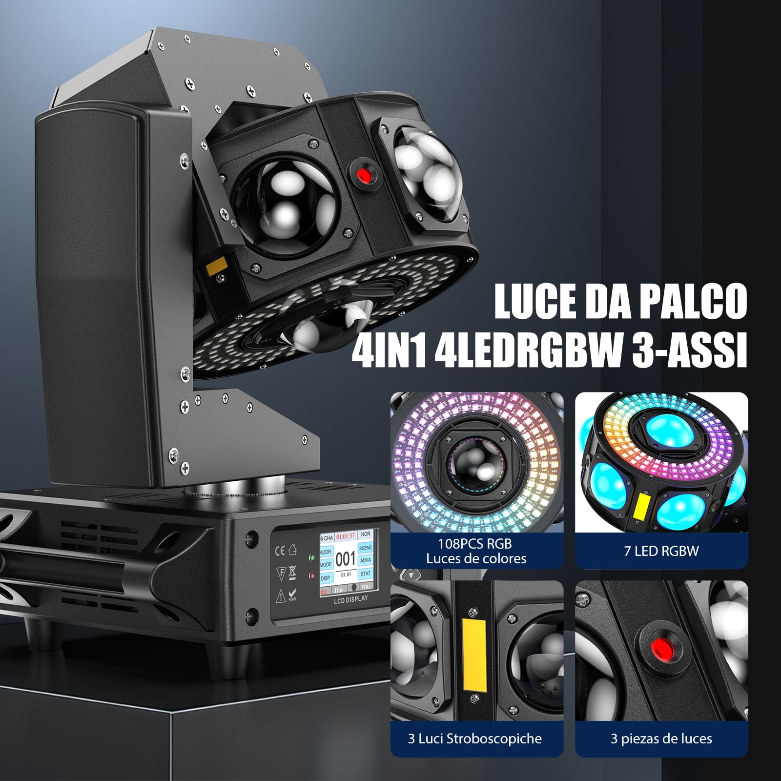200W Teste Mobili Luci LED RGBW Discoteca Luci 3 assi Rotazione infinita Faretto Moving Head Stroboscopica per Natale Spettacolo Bar Club Festa Palcoscenico