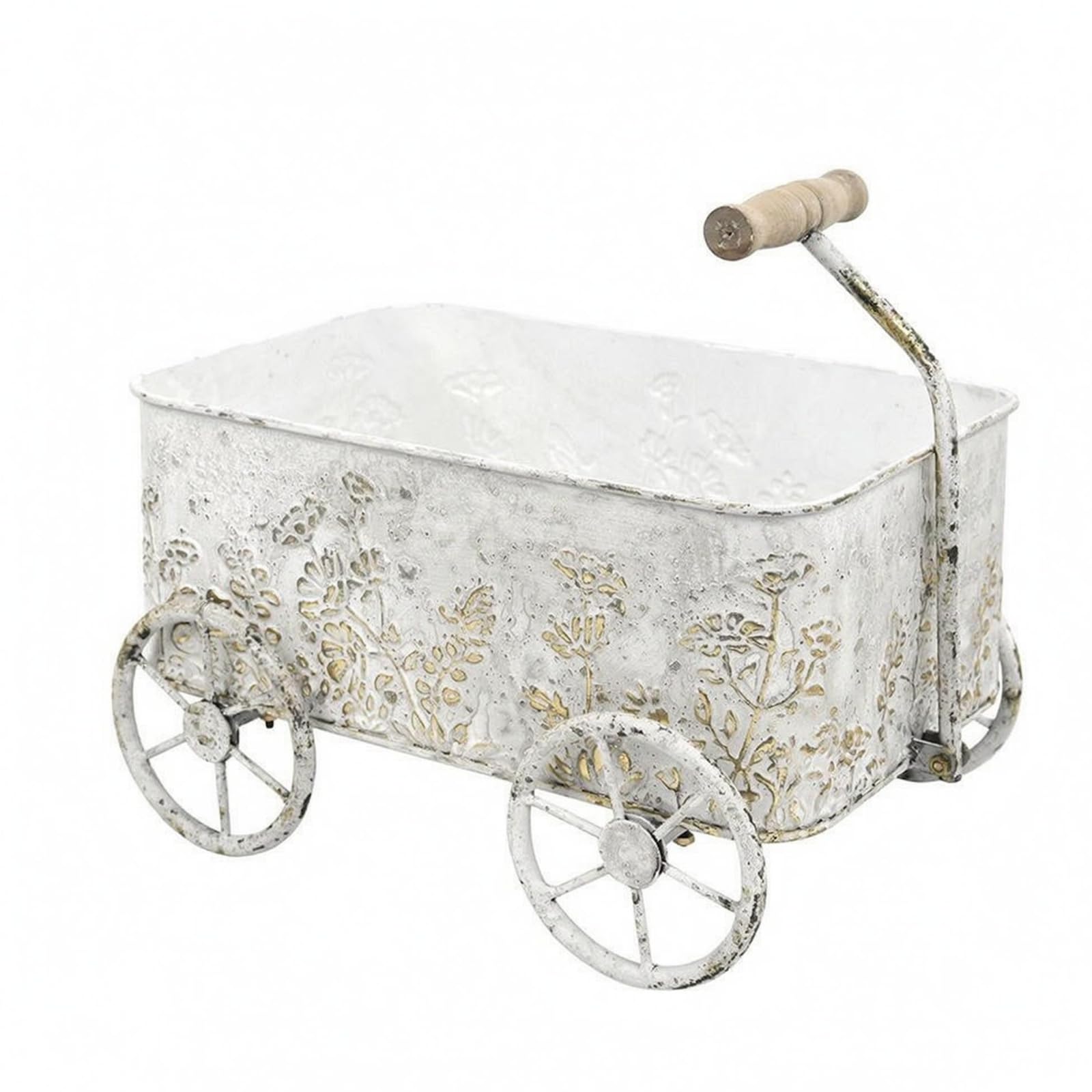 Outdoor Dekorativer Pflanzwagen Metall Eisen Holzgriff Klassische Wagenform Antiker Charakter mit Relief für Eingangsbereich Terrasse Wohnung, Weißgoldfarben Antik