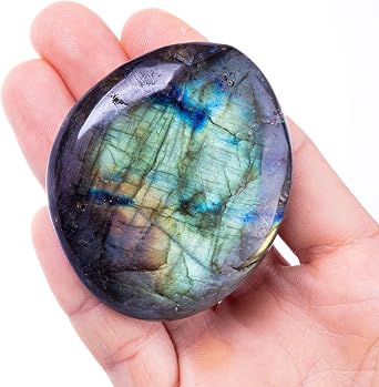 Labradorite Healing Stones, Natural Palm Stone, Healing Crystals Polished Gemstone Irregular Banded Pocket Worry Stones with Energy - Large Size Reiki Crystal Used for Intuition Palm Stone