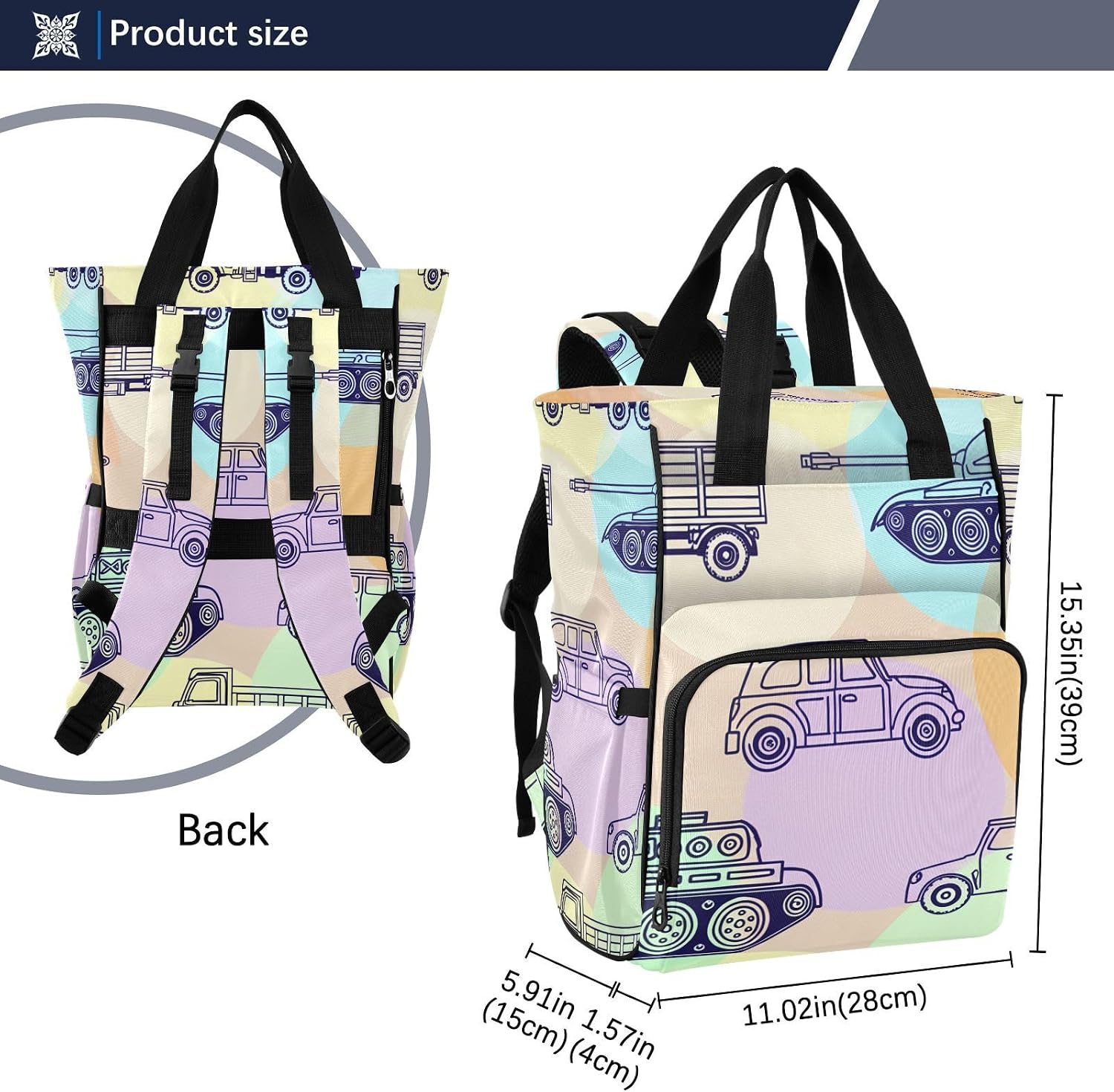 Diaper Bag Backpack, Cars Baby Diaper Bag - Waterproof Multifunction Travel Diaper Bag with Pacifier Case, Stroller Straps & Insulated Pocket - Unisex