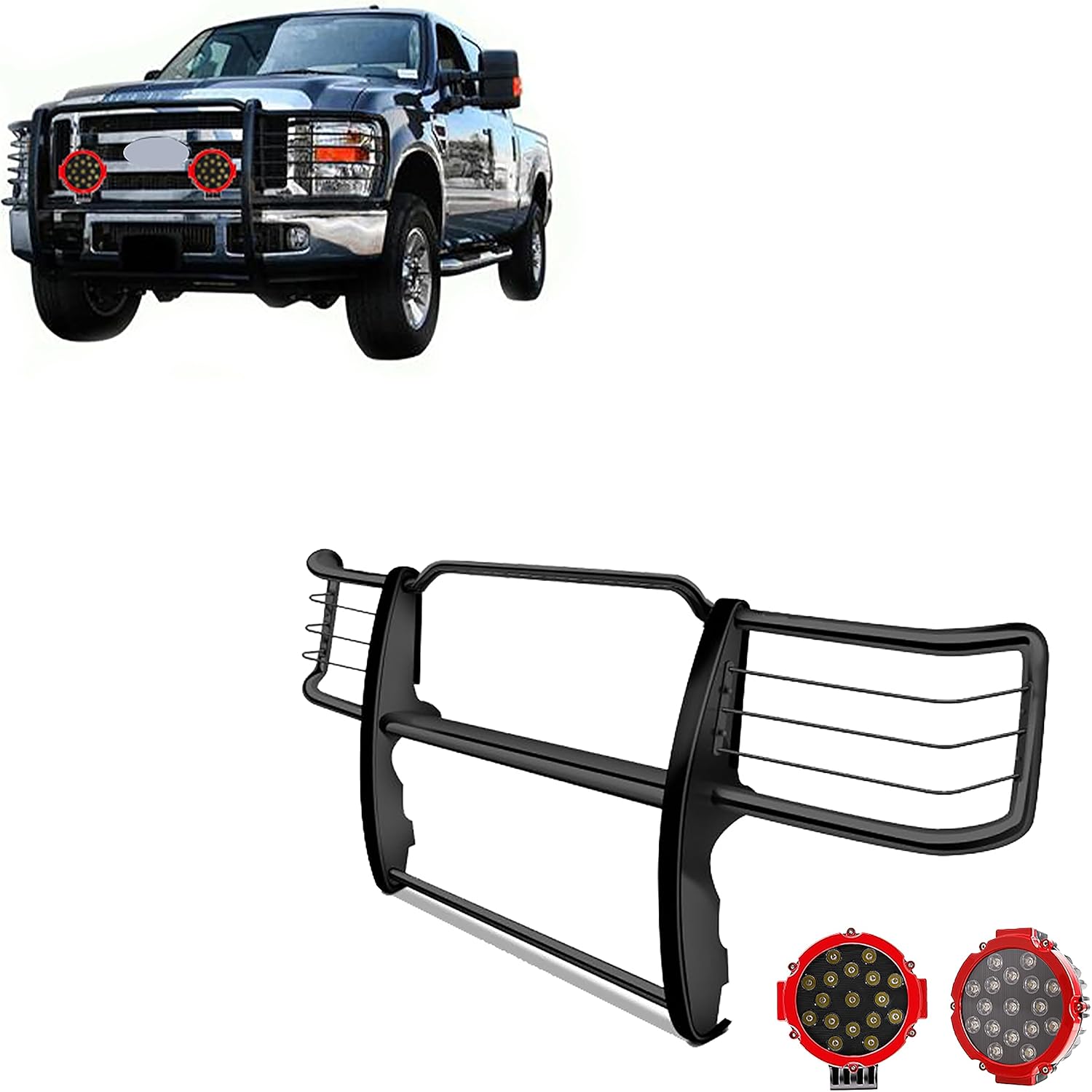 Black Horse Grille brush Bumper Guard Modular Black Come With pair of 7.0"Dia.LED Lights with Red Trim Rings Compatible with 2011-2014 Silverado 2500 HD|2011-2014 Silverado 3500 HD-17GT26MA-PLR