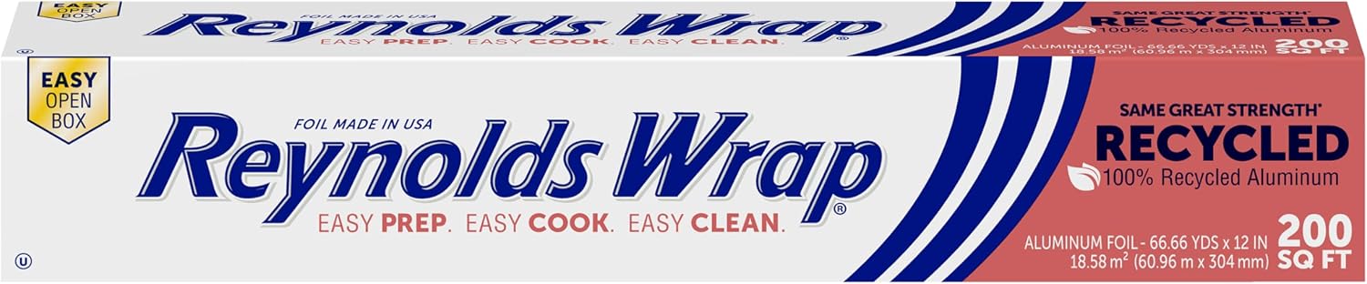 Reynolds Wrap Recycled Aluminum Foil, Recycled Foil Roll, Made From 100% Recycled Materials, With Secure Easy Open and Close Tab, 200 Sq. Ft.