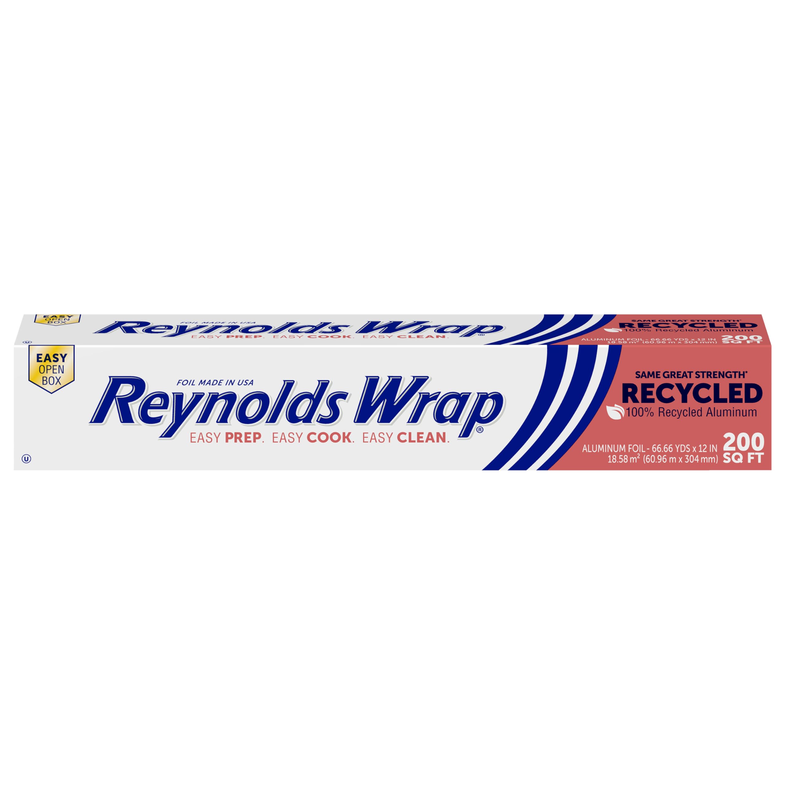 Reynolds Wrap Recycled Aluminum Foil, Recycled Foil Roll, Made From 100% Recycled Materials, With Secure Easy Open and Close Tab, 200 Sq. Ft.