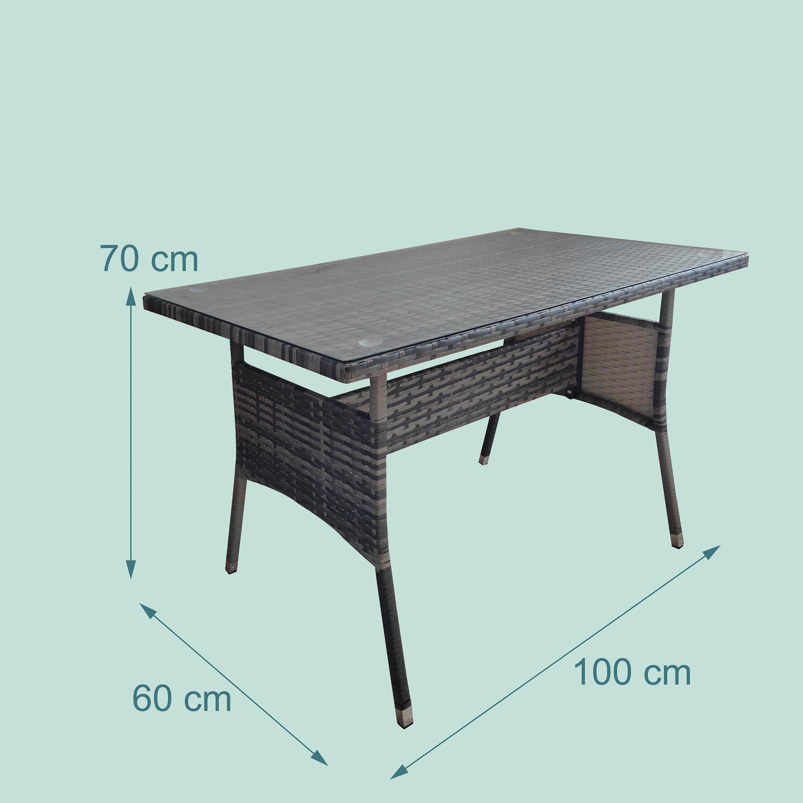 Relaxdays Gartentisch, HBT: 70 x 100 x 60 cm, wetterfest, Polyrattan, Glasplatte, eckiger Esstisch Garten & Balkon, grau