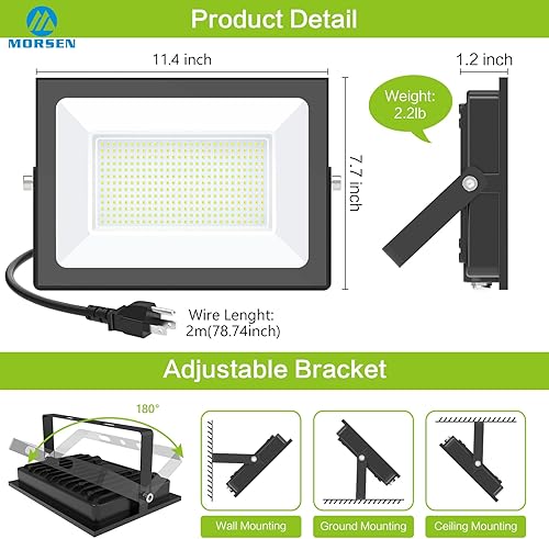 Miniatura 5 de MORSEN Luz de inundación LED para exteriores, 200 W, 30000 lúmenes, luz de trabajo con enchufe, 6500 K, exteriores portátiles, reflectores de