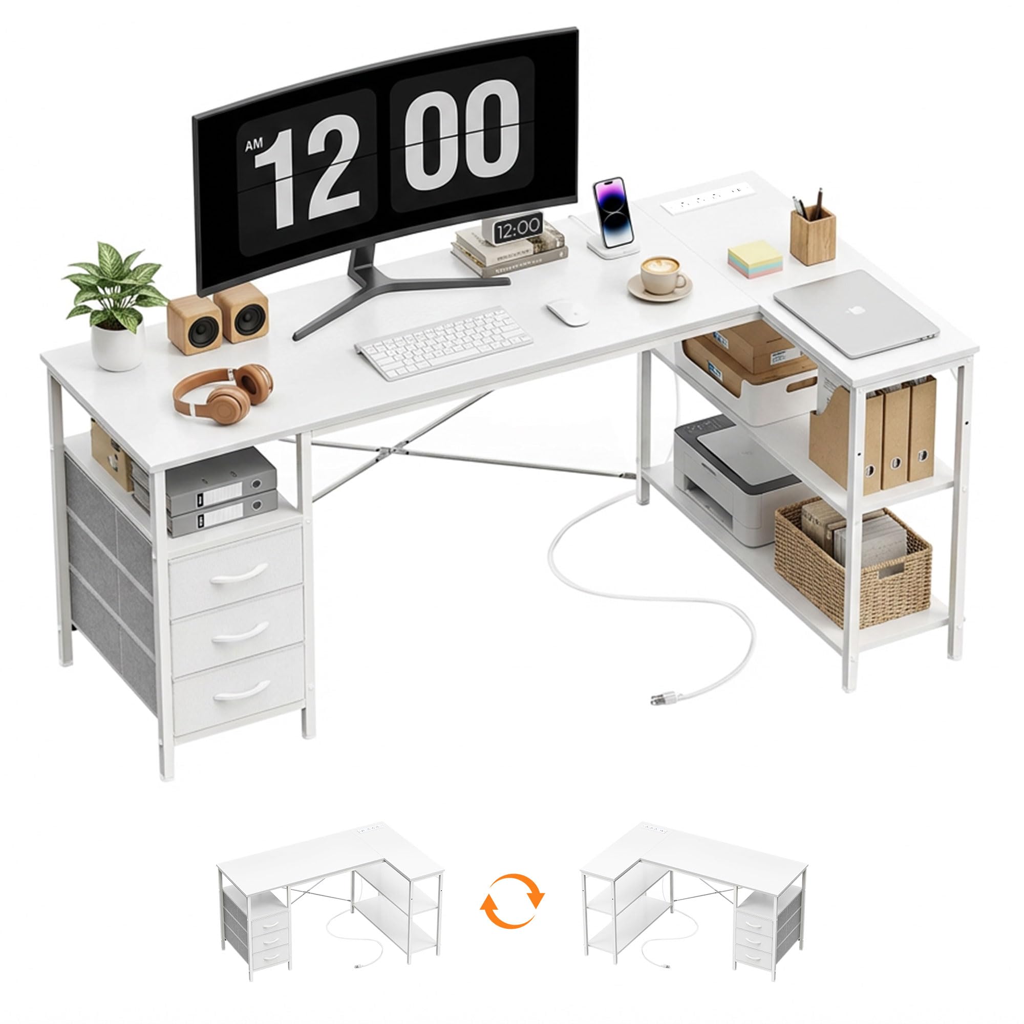 Alpen L Shaped Computer Desk, 47.2 Inch Corner Desk with Drawers and Power Outlets, Home Office Desk for Gaming, Study Writing PC Table with Storage and Reversible Shelf, White