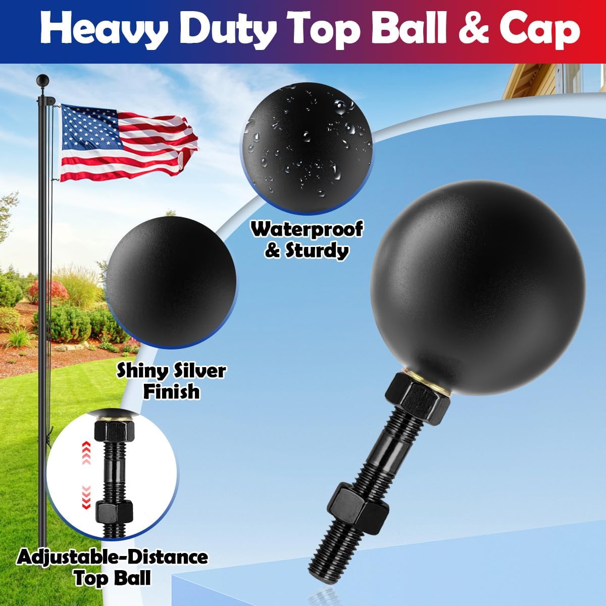 Flag Pole Repair Kit with Ball Topper for 1.6"-2" Flag Poles, Black Stainless Steel Hardware with Flagpole Cap, 50FT Halyard Rope Replacement, 4 Flag Pole Clips, Cleat Hook & Mounting Screws