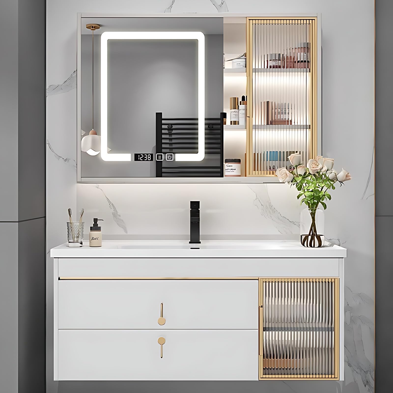 ZGNBSD Bathroom Vanity with Sink - Modern Bathroom Sink Cabinet Set，Floating Vanity Bathroom & LED Smart Defogger Mirror Cabinet, with 2 Drawers (