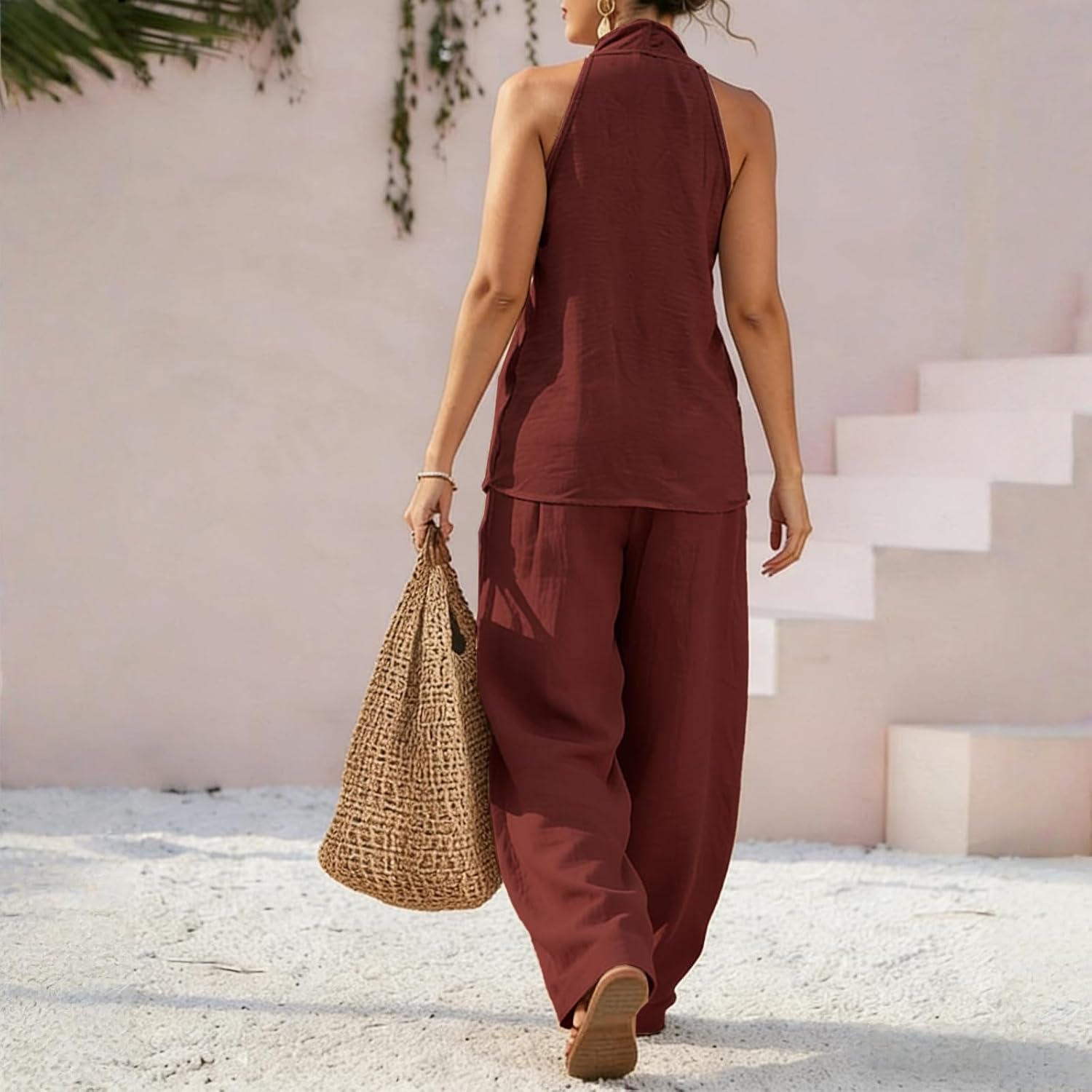 Womens Linen Set Summer Resort Wear 2026 Fashion Sleeveless V Neck Halter Top Matching Sets Cruise Vacation Outfits