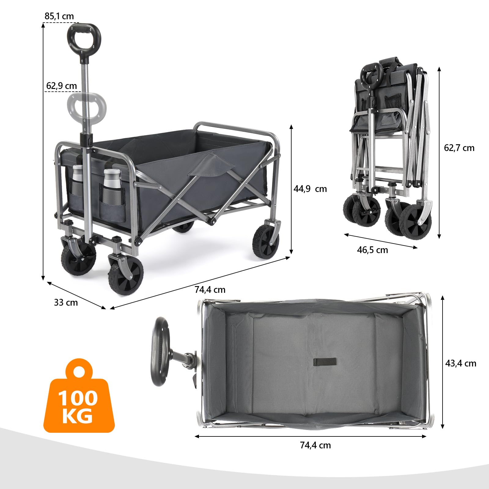 Bonnlo Carrello da Campeggio Portata 100kg, Carrello Spiaggia Pieghevole 74,5 x 43,5 x 85cm, Carrello con Ruote Portatutto Spesa (Grigio e Argente)