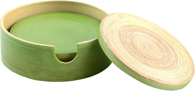 RANDWYCK Round Spun Bamboo Coasters in Holder, Green, 4-Piece