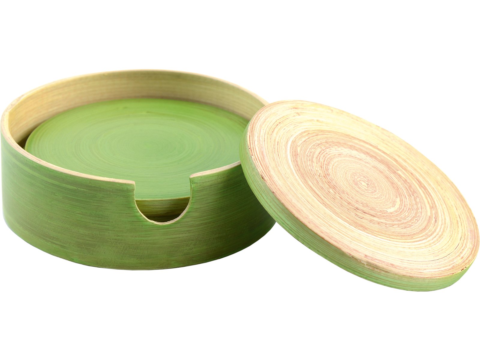 Set of 4 Green Round Spun Bamboo Coasters In Holder Lovely Gift