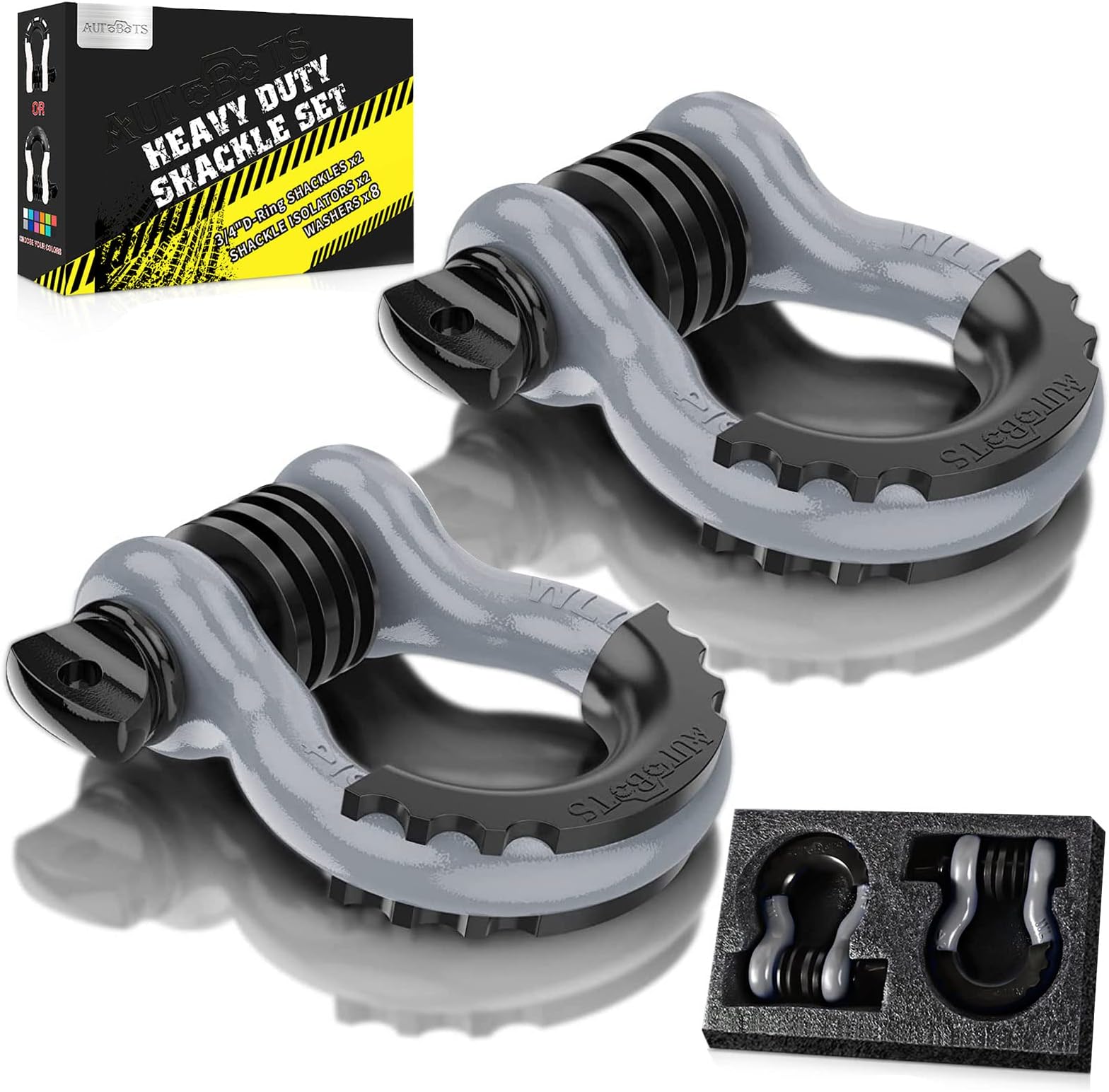 AUTOBOTS Bow Shackles 3/4" D Ring Shackle (2 Pack), 48,000Ib Break Strength with 7/8" Pin, 2 Isolator and 4 Washers Kit for Offroad Vehicle Truck Recovery Gray