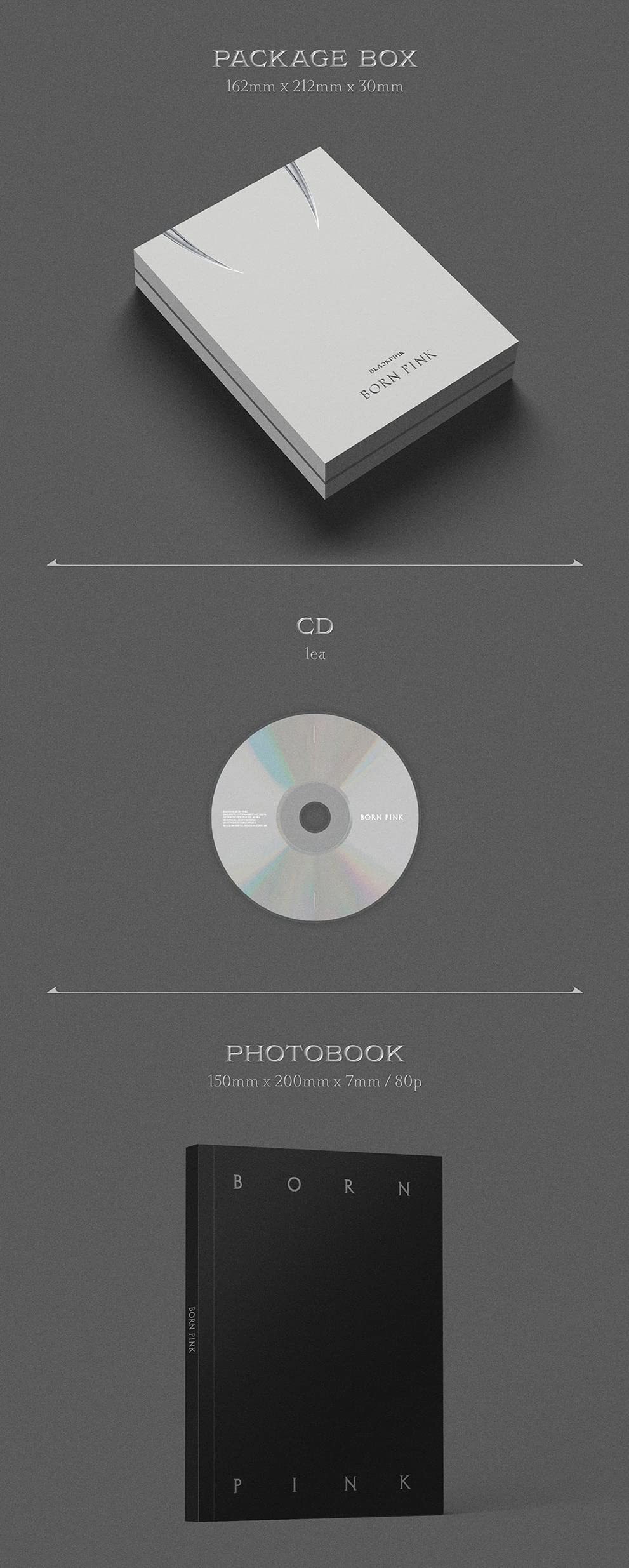 BLACKPINK - [BORN PINK BOX SET ver.] (GRAY Version) 2nd Album CD+Photobook+Envelope+Lyrics Paper+Large Photocard+Postcard+Instant Films+Selfie Photocard+(Extra BLACKPINK 5 Photocards+Pocket Mirror)