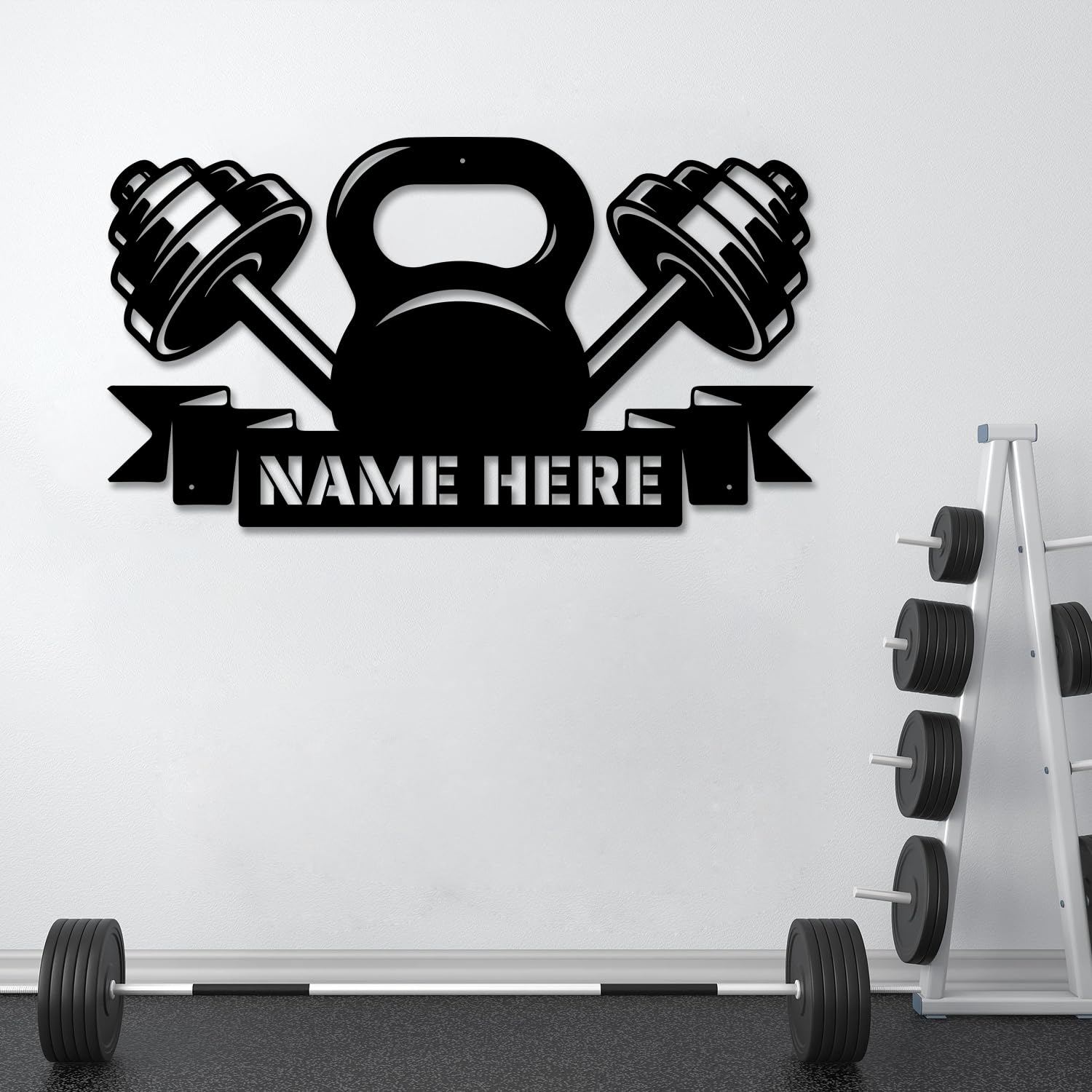 Personalized Dumbbells and Kettlebells Metal Art, Custom Metal Gym Name Sign, Wall Decor for Personal/Garage/Basement Gym, Birthday Gift for Lifter/Fitness Enthusiast/Men/Women