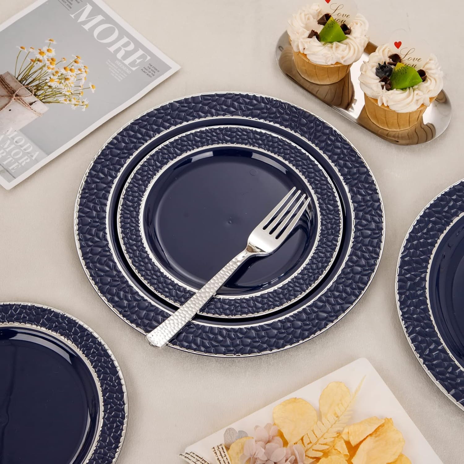 Ciaell 150 PCS Blue and Silver Plastic Plates - Blue Disposable Plate include 50 Plates, 25 Knives, 25 Forks, 25 Spoons, 25 Cups for Weddings & Party