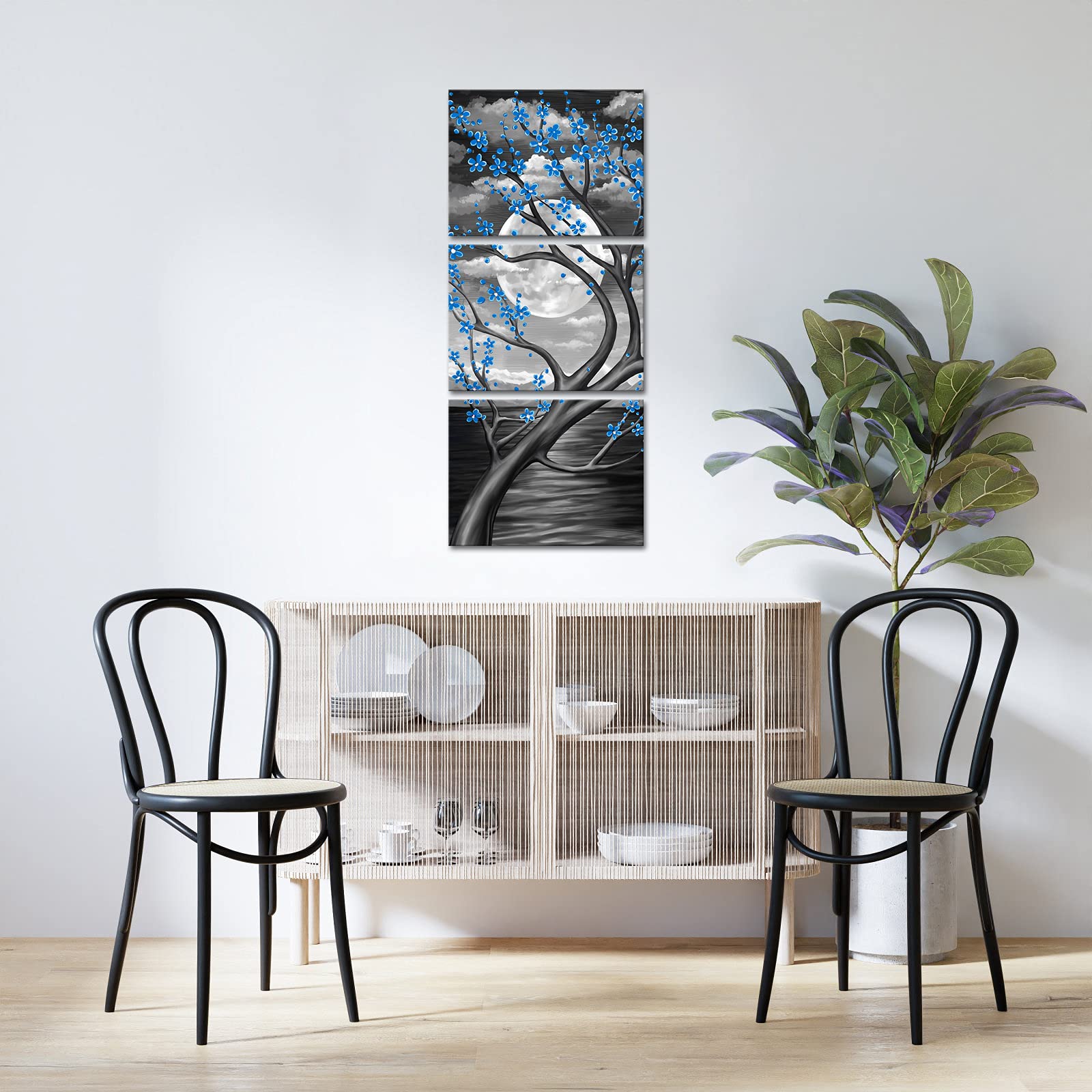 IKNOW FOTO Leinwanddruck-Set: 3-teilige Gemälde Mit Pflaumenblütenbaum In Grau & Blaugrün (je 40,6x61 Cm) – Gerahmt, Fertig Zum Aufhängen