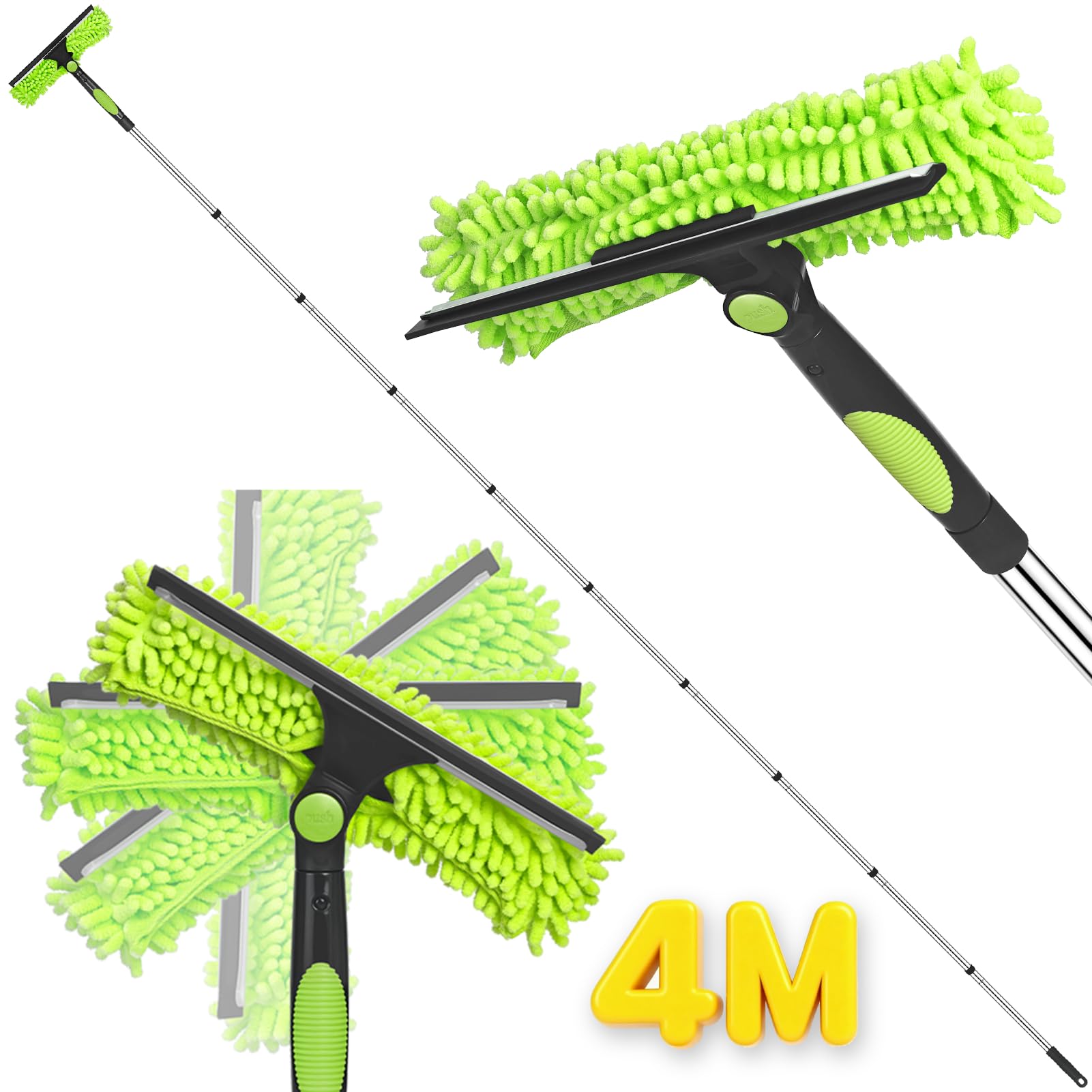 Window Cleaning Equipment, 400cm Extendable Window Cleaning Pole with Silicone Squeegee & 3 Microfiber Mops, 2in1 Window Cleaning Kit for High Window, Long Reach Telescopic Window Cleaner Tool
