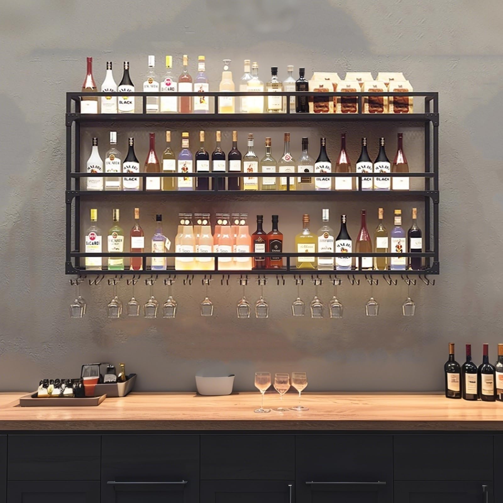 Meuble rangement bouteille de vin suspendu et porte-verre en fer