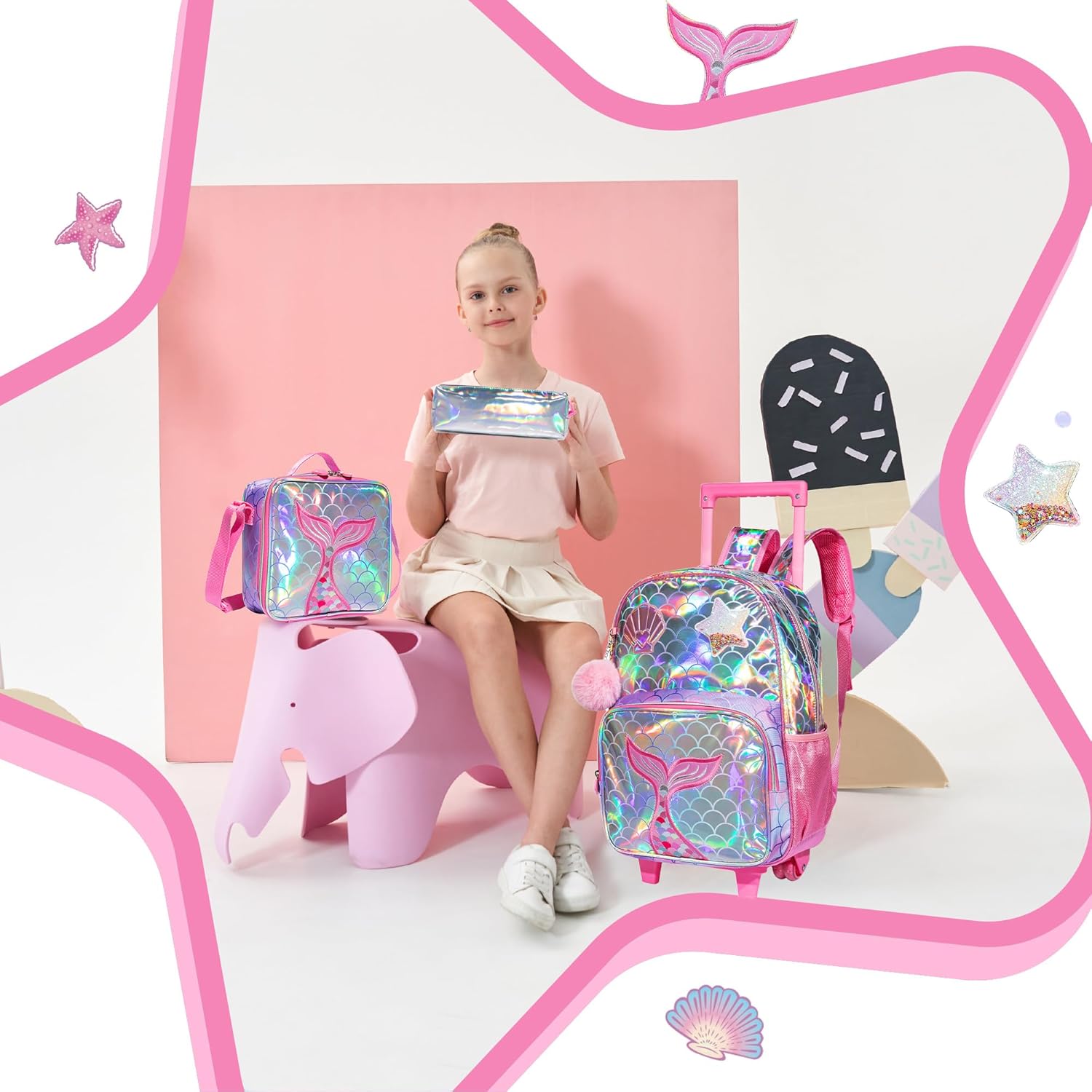 Mermaid Rolling Backpack for Girls Kids Backpack with Wheels for Elementary Kindergarten Girls Wheeled Bookbag Carry on Luggage for School Travel