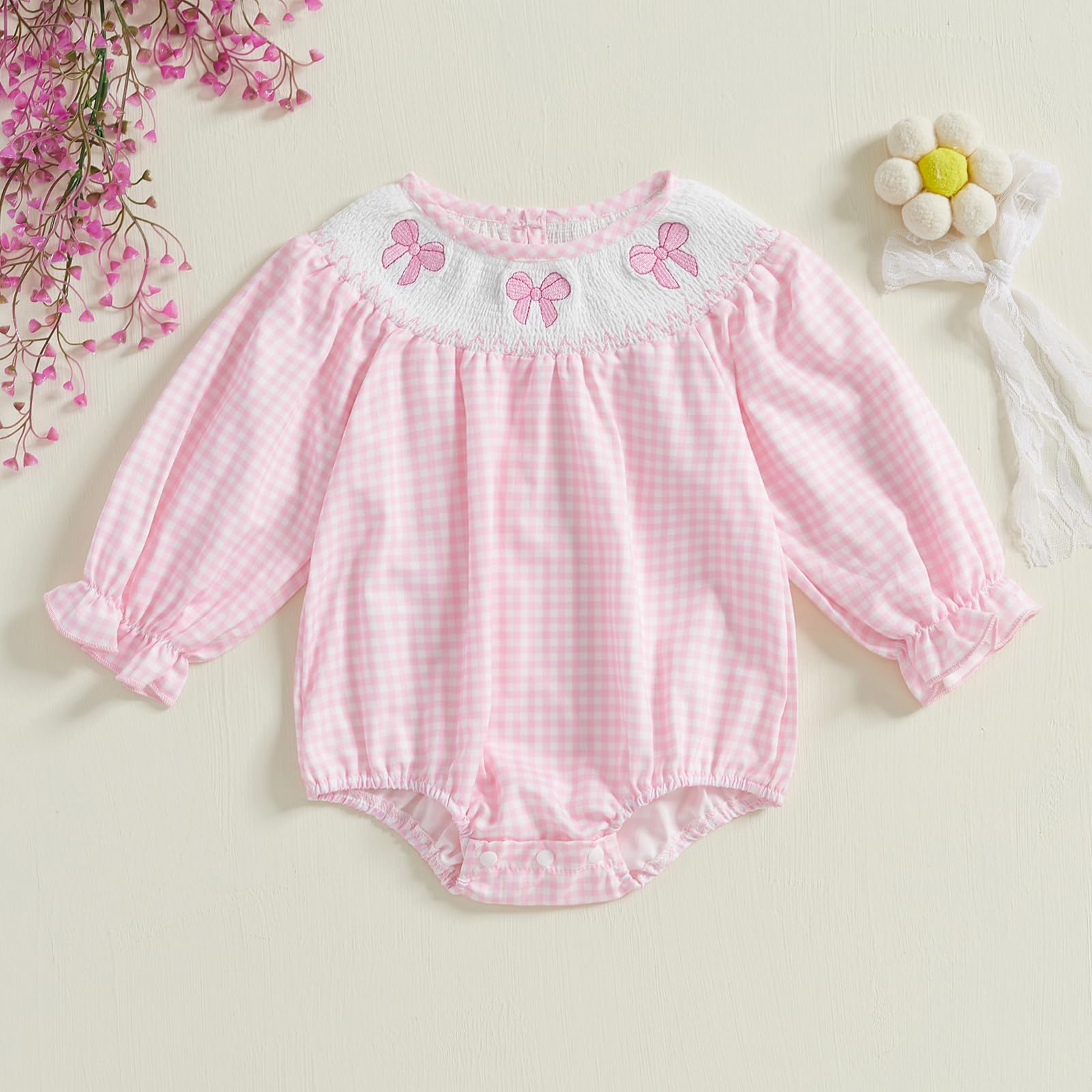 Youweixiong Newborn Infant Baby Girl Bubble Romper Bow Embroidery Plaid Puff Long Sleeve Smocked Cotton Linen Bodysuit Cute Fall Clothes (Pink, 0-3 Months)