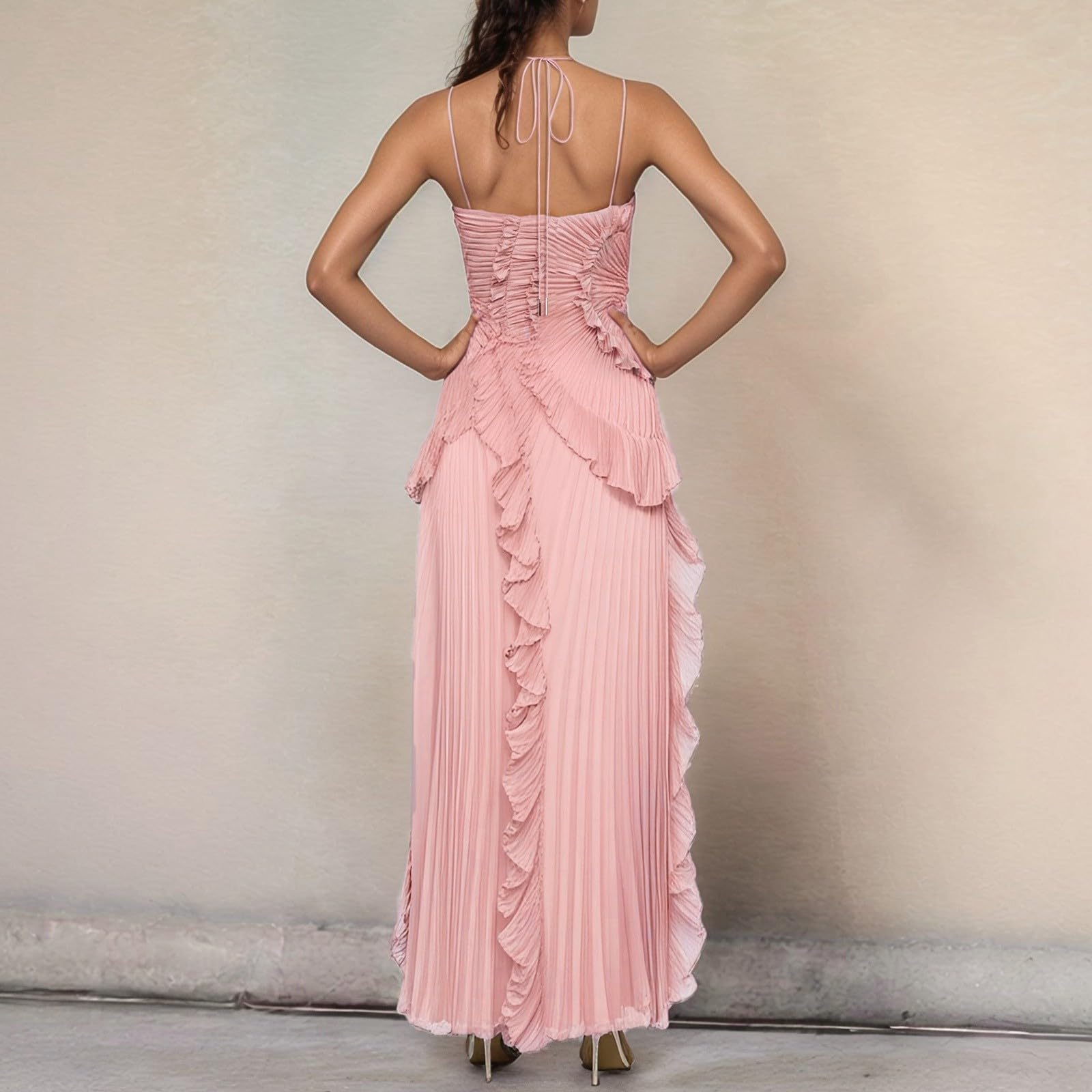 Generisch Abito da donna senza maniche con fettuccia sul collo, in tinta unita, elegante, maxi abito con volant, design avvolgente, spacco laterale, abito da sera estivo, abito da cocktail