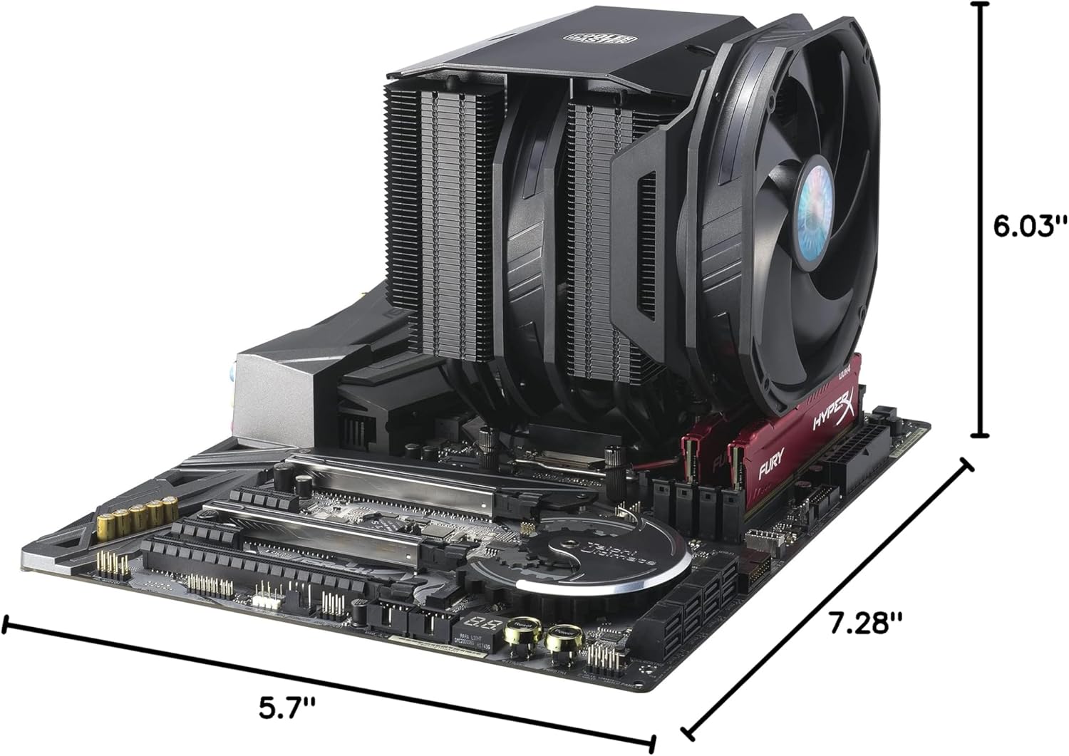 Cooler Master MasterAir MA624 Stealth installed on a motherboard with dimensions.