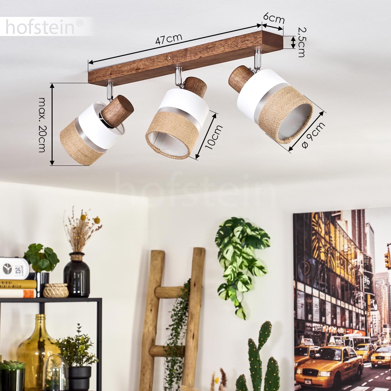HOFSTEIN Deckenleuchte Fallhagen, verstellbare Deckenlampe aus Holz/Metall/Stoff in Braun/Weiß/Chrom, moderne Leuchte im skandinavischen Design, 3 x E14, Esszimmmer, Schlafzimmer, Wohnzimmer, Küche