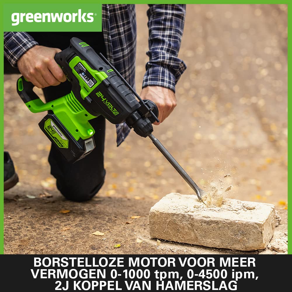 Greenworks GD24SDS2 Accu klopboormachine SDS met Borstelloze Motor, 0-1000 Tpm, 0-4500 Ipm, Koppel van 2 Joule, ZONDER 24V-Accu en Oplader, 3 Jaar Garantie