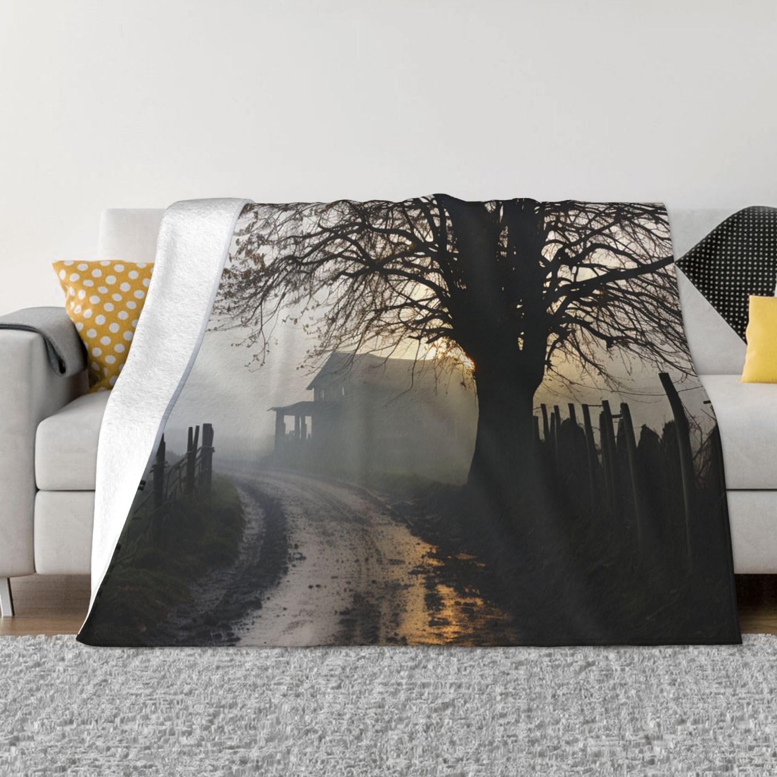 Couverture polaire en flanelle réversible pour lit et canapé, motif ferme brumeuse 127x101 cm