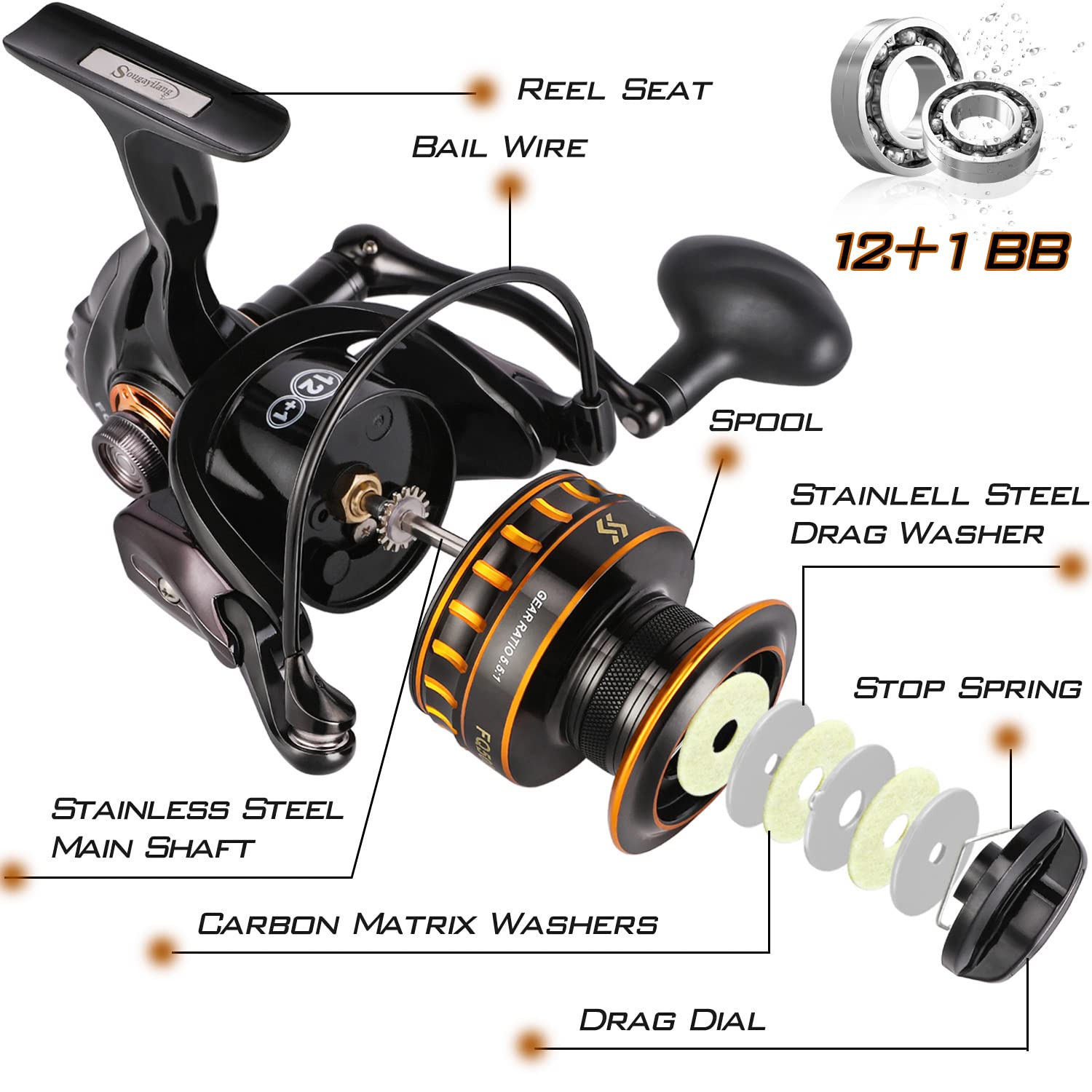 Sougayilang, mulinello da pesca leggero 12+1 in acciaio inox BB ultra liscio mulinello da pesca per acqua dolce 2000