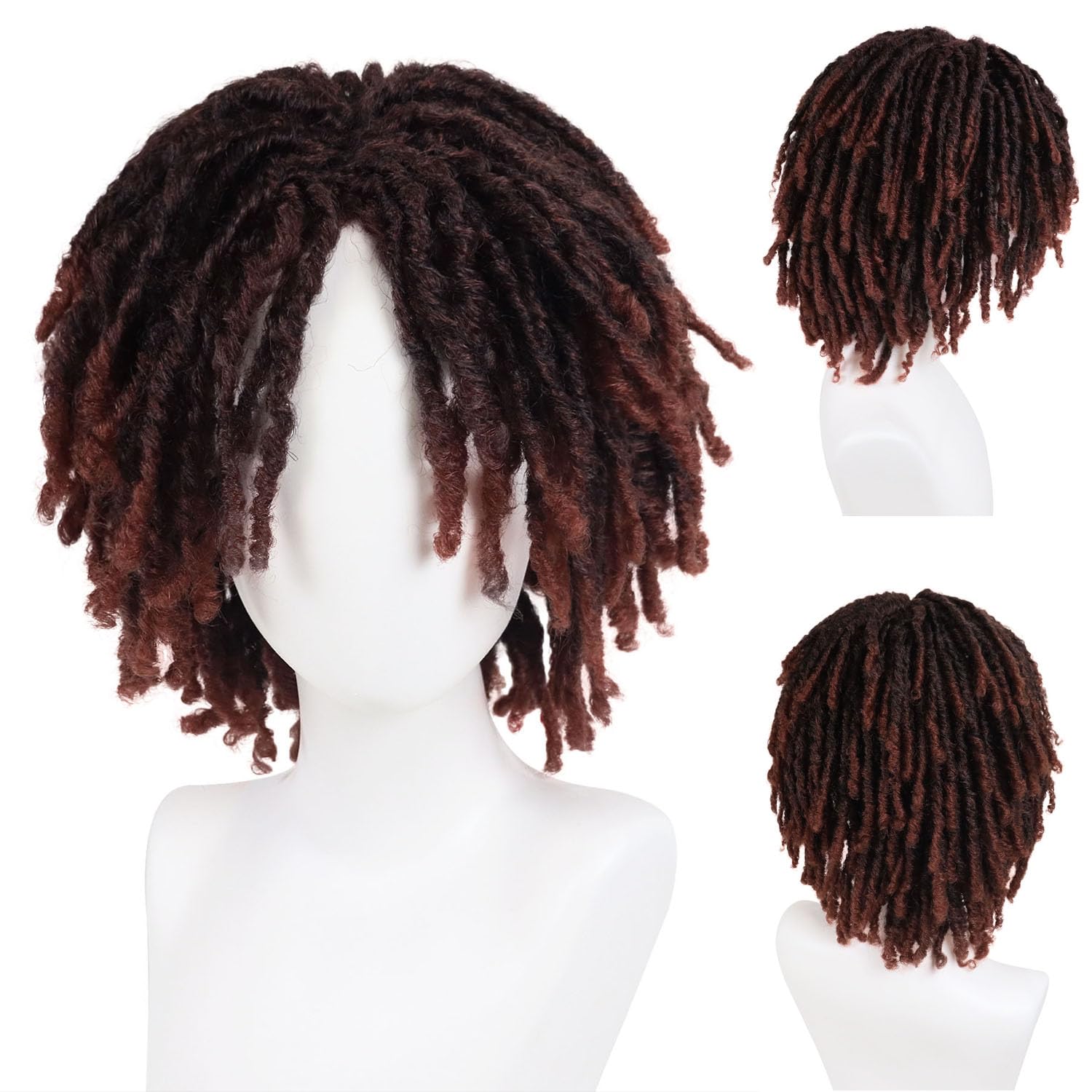 GNIMEGIL Parrucca con rasta per uomo, capelli ricci sfumati, colore mogano, cosplay, rasta finta, parrucca corta intrecciata con ciuffo, parrucche con rasta realistiche e divertenti