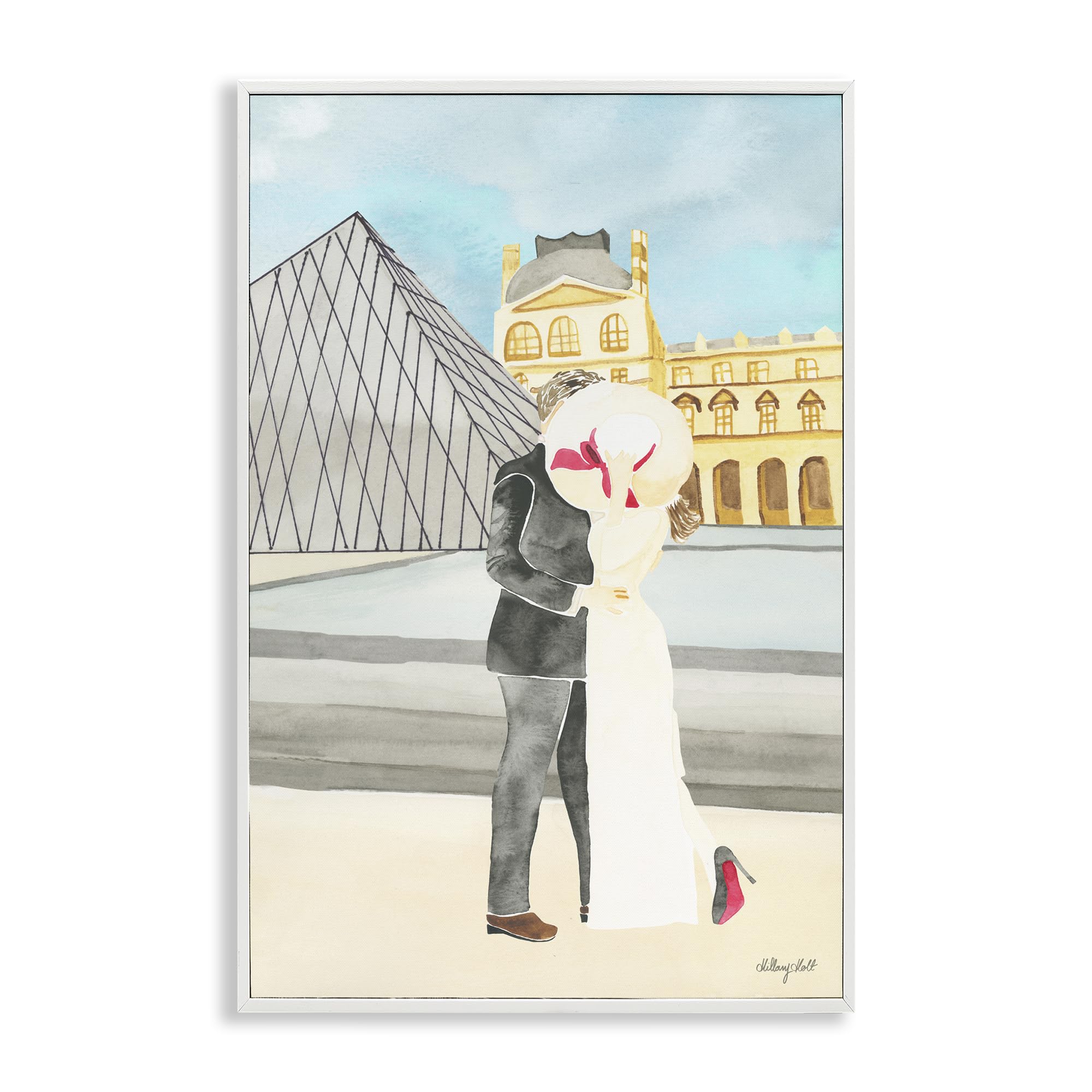 Stupell Industries Coastal White (Textured) 'Couple Embrace At The Louvre'| Framed Giclee Art