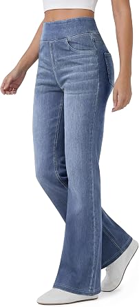 FireSwan Womens Straight Leg Jeans High Waisted Stretchy Pull On Denim Pants Bootcut Bell Bottom Jeans Trendy Light Blue L
