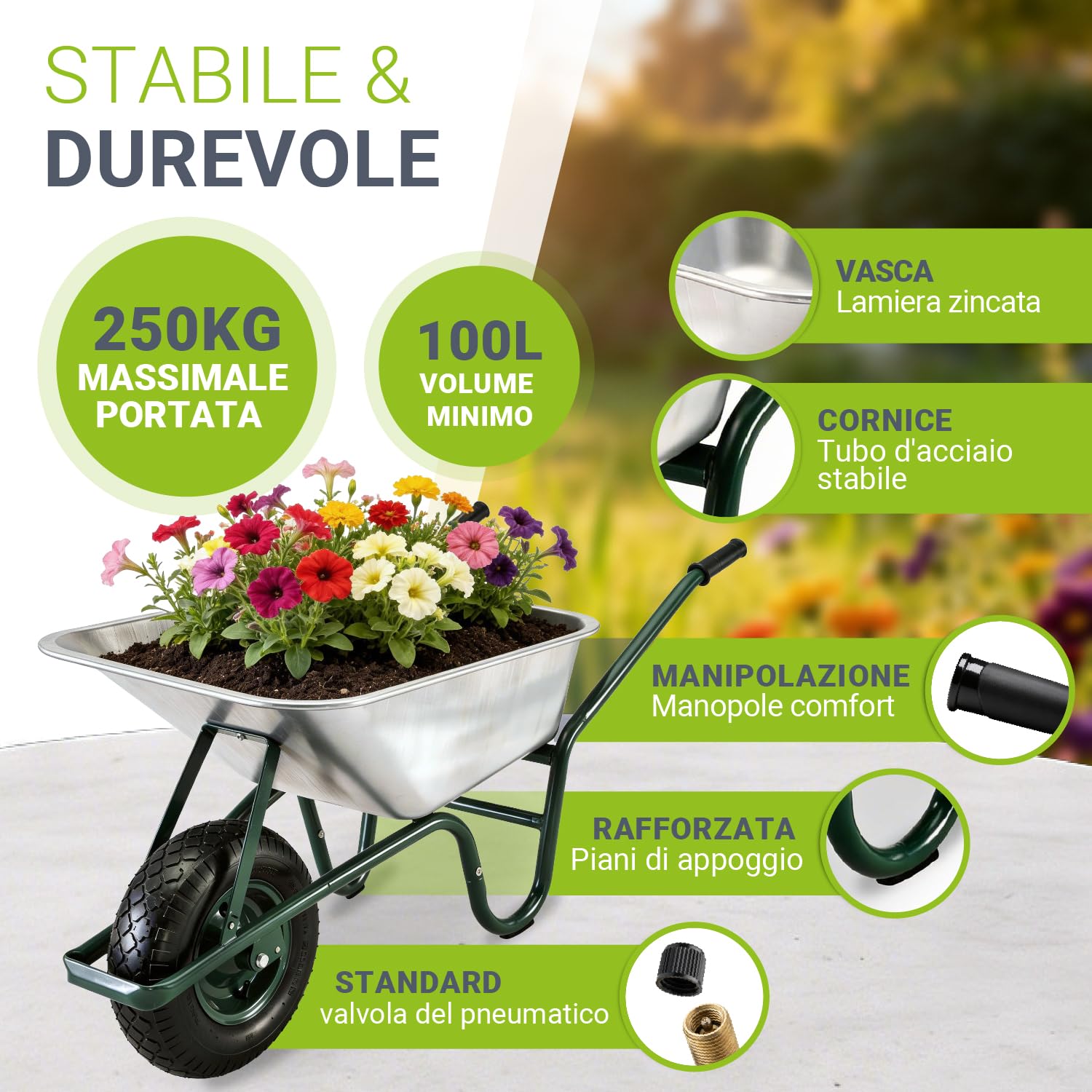Juskys Carriola da Giardino | Volume 100 Litri | 210 kg | Ruote Pneumatiche Con Cerchio in Metallo | Vasca Zincata | Carriola a Spinta da Trasporto